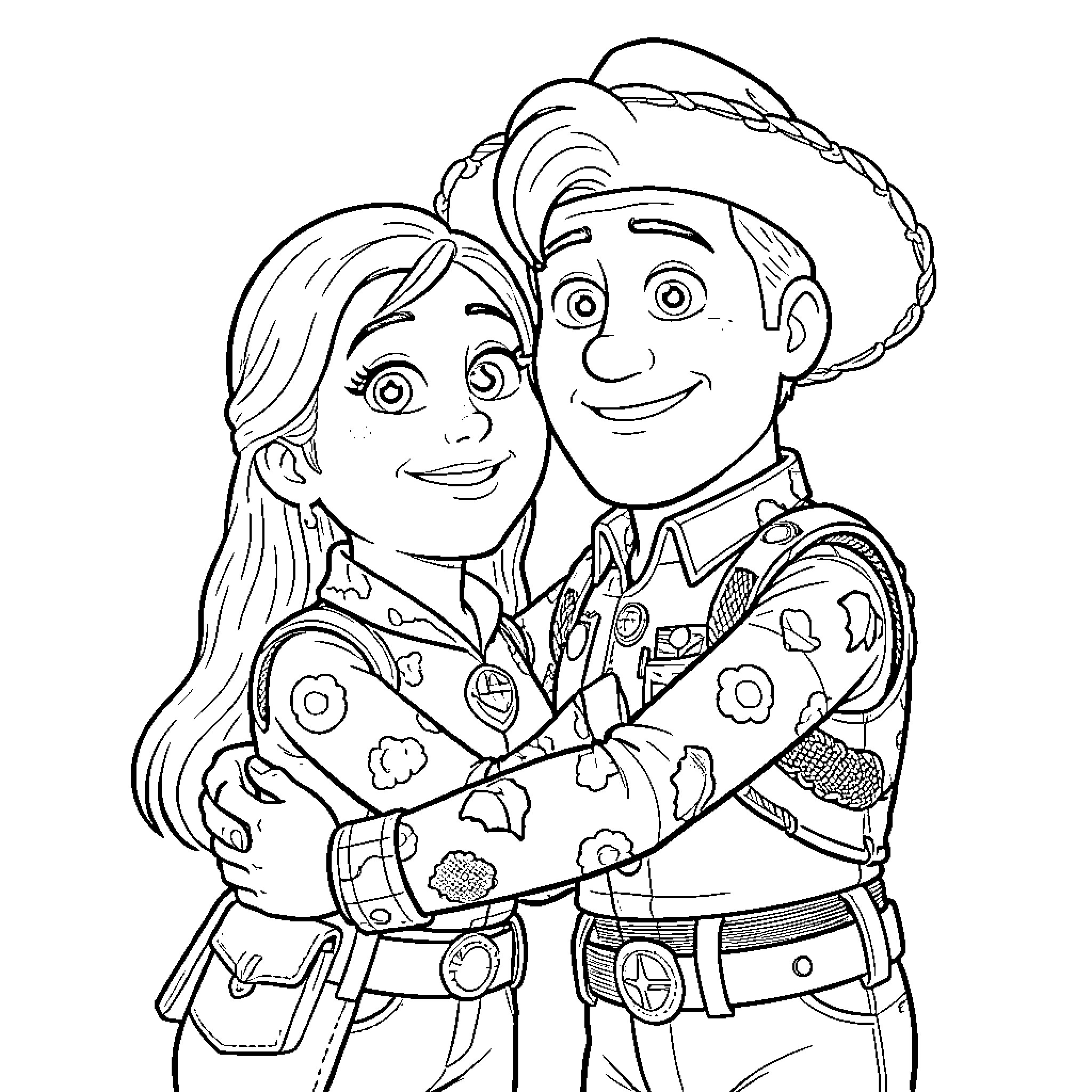 Toy Story Characters in Cowboy Outfits Coloring Page (free black-and-white line drawing printable PDF for all, from beginners to advanced learners, including children, teens, adults, and seniors)