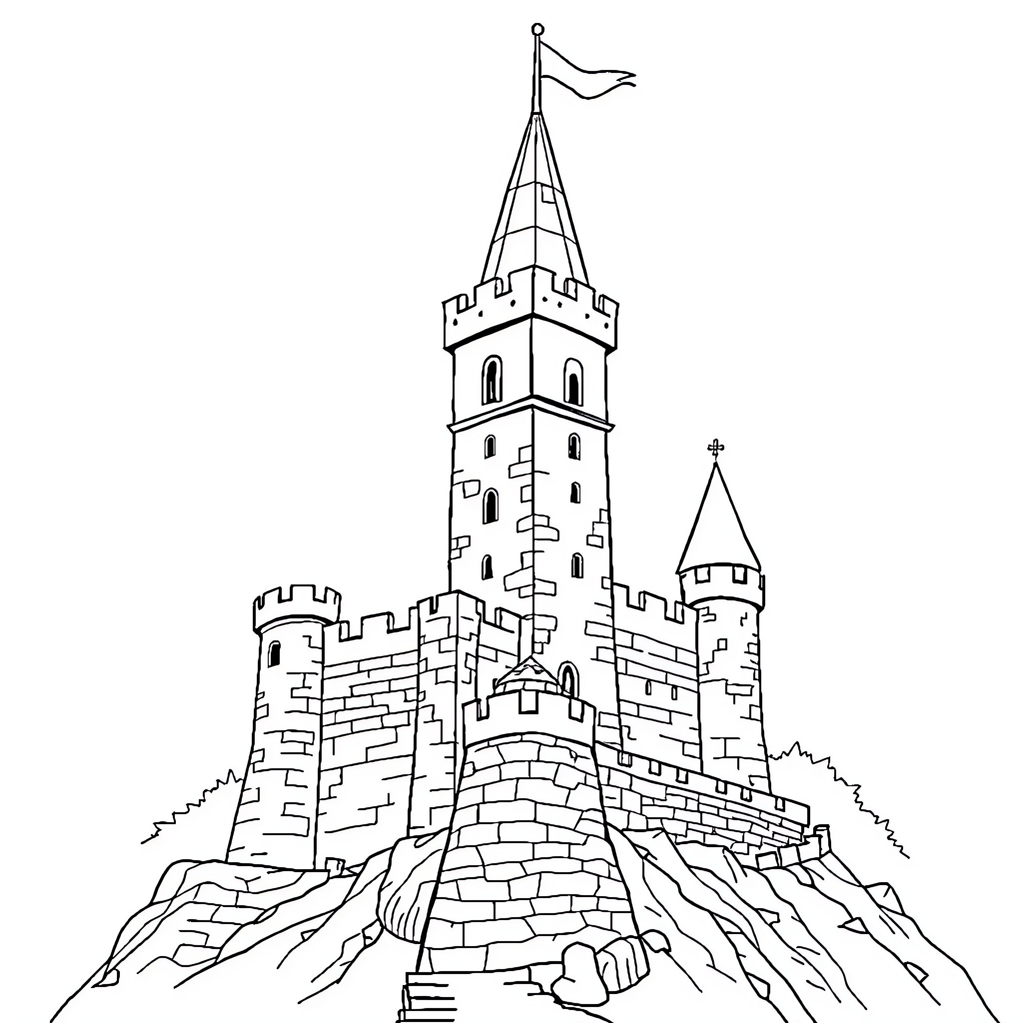 Castle on a rocky mountain with flags Coloring Page (free black-and-white line drawing printable PDF for all, from beginners to advanced learners, including children, teens, adults, and seniors)