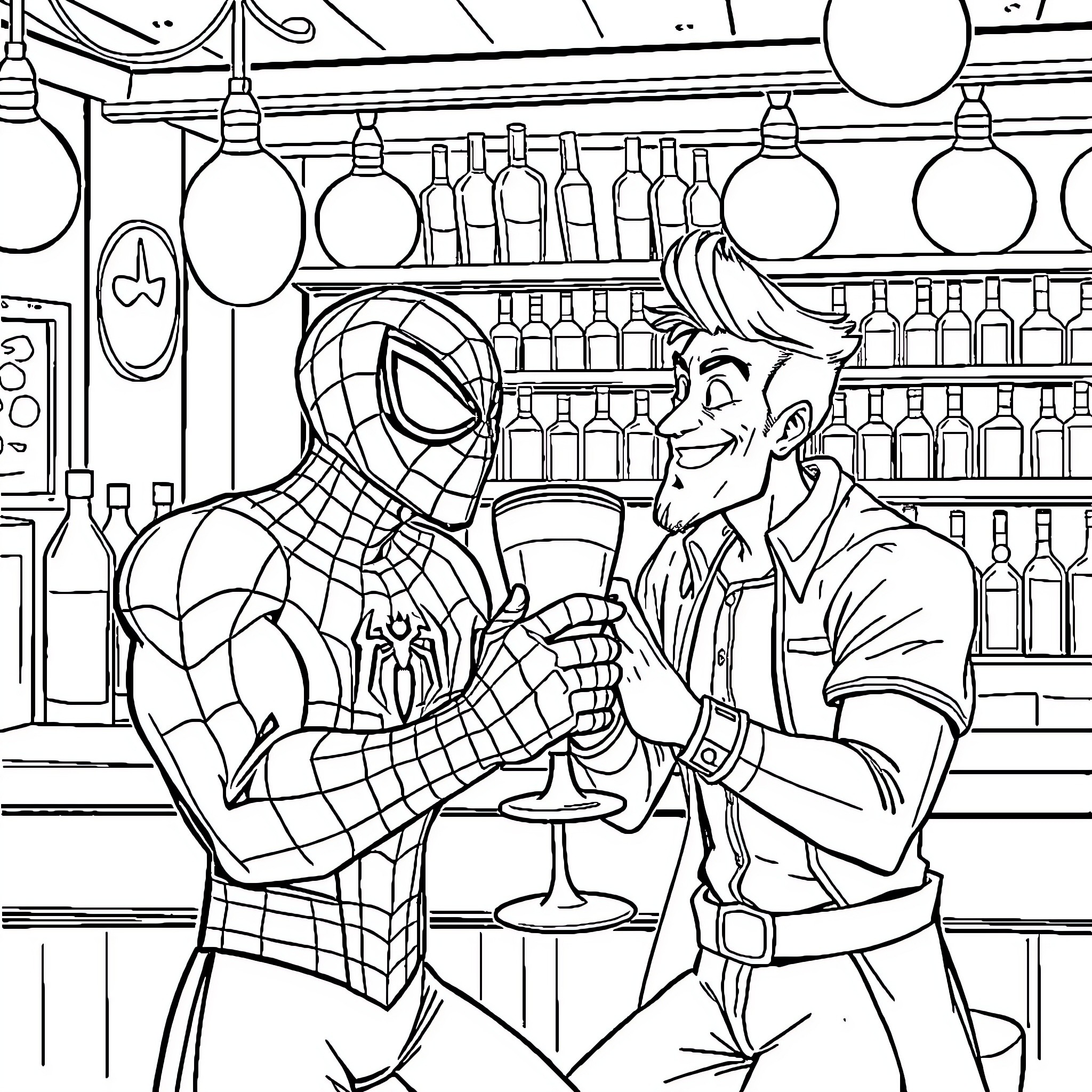 Spiderman and Joker Enjoying Drinks at the Bar Coloring Page (free black-and-white line drawing printable PDF for all, from beginners to advanced learners, including children, teens, adults, and seniors)