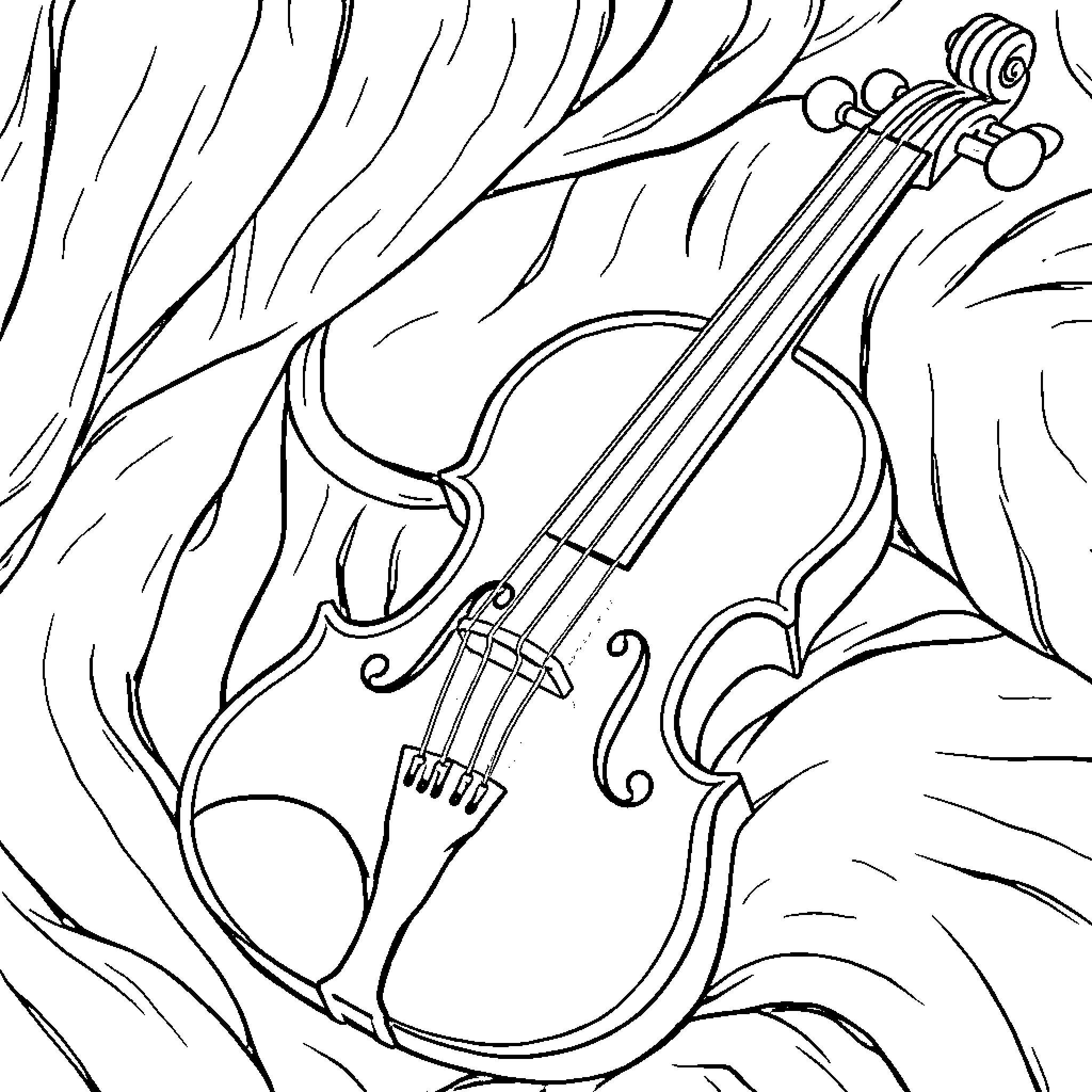Violin nestled in a forest of whimsical lines Coloring Page (free black-and-white line drawing printable PDF for all, from beginners to advanced learners, including children, teens, adults, and seniors)