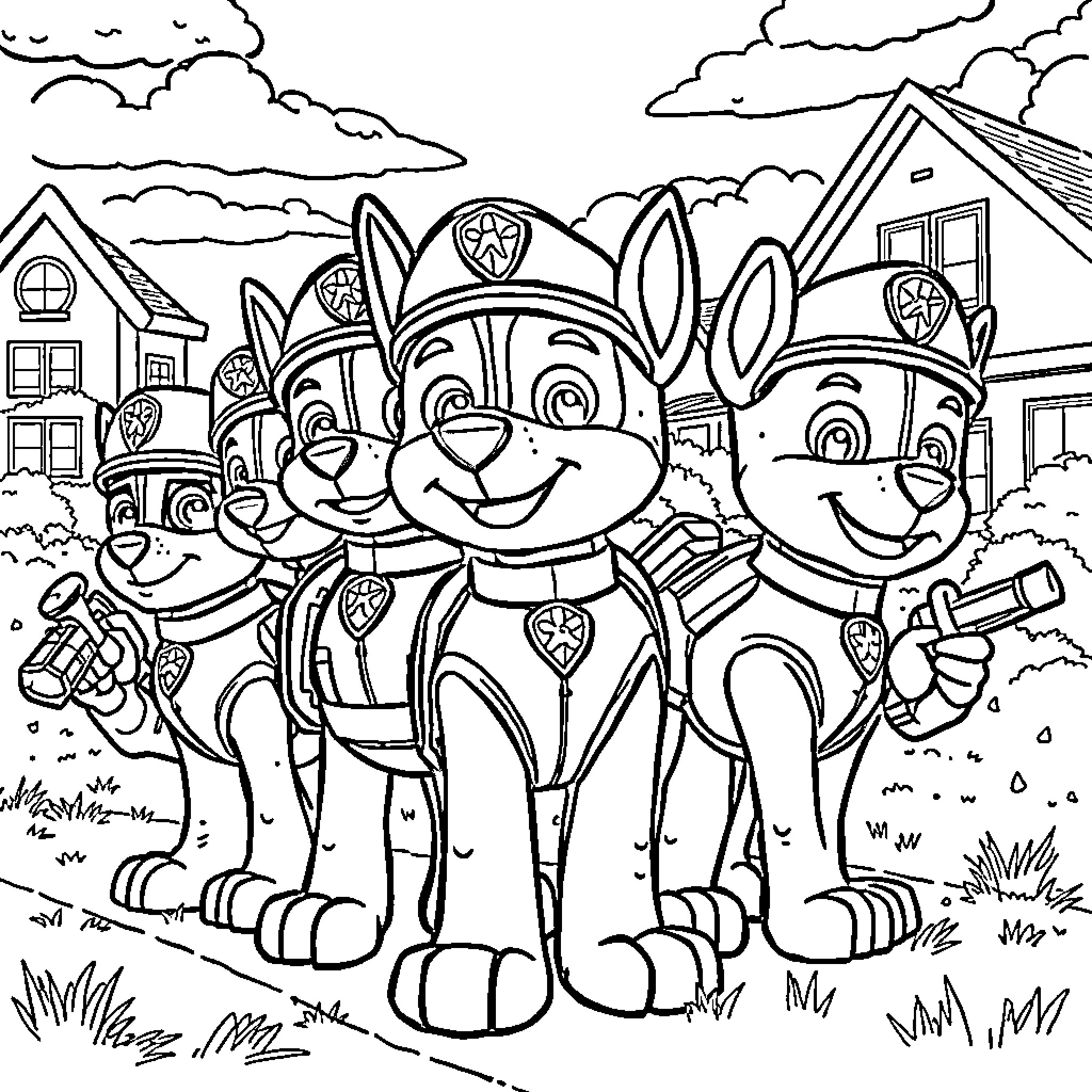 Paw Patrol team in action posing together Coloring Page (free black-and-white line drawing printable PDF for all, from beginners to advanced learners, including children, teens, adults, and seniors)