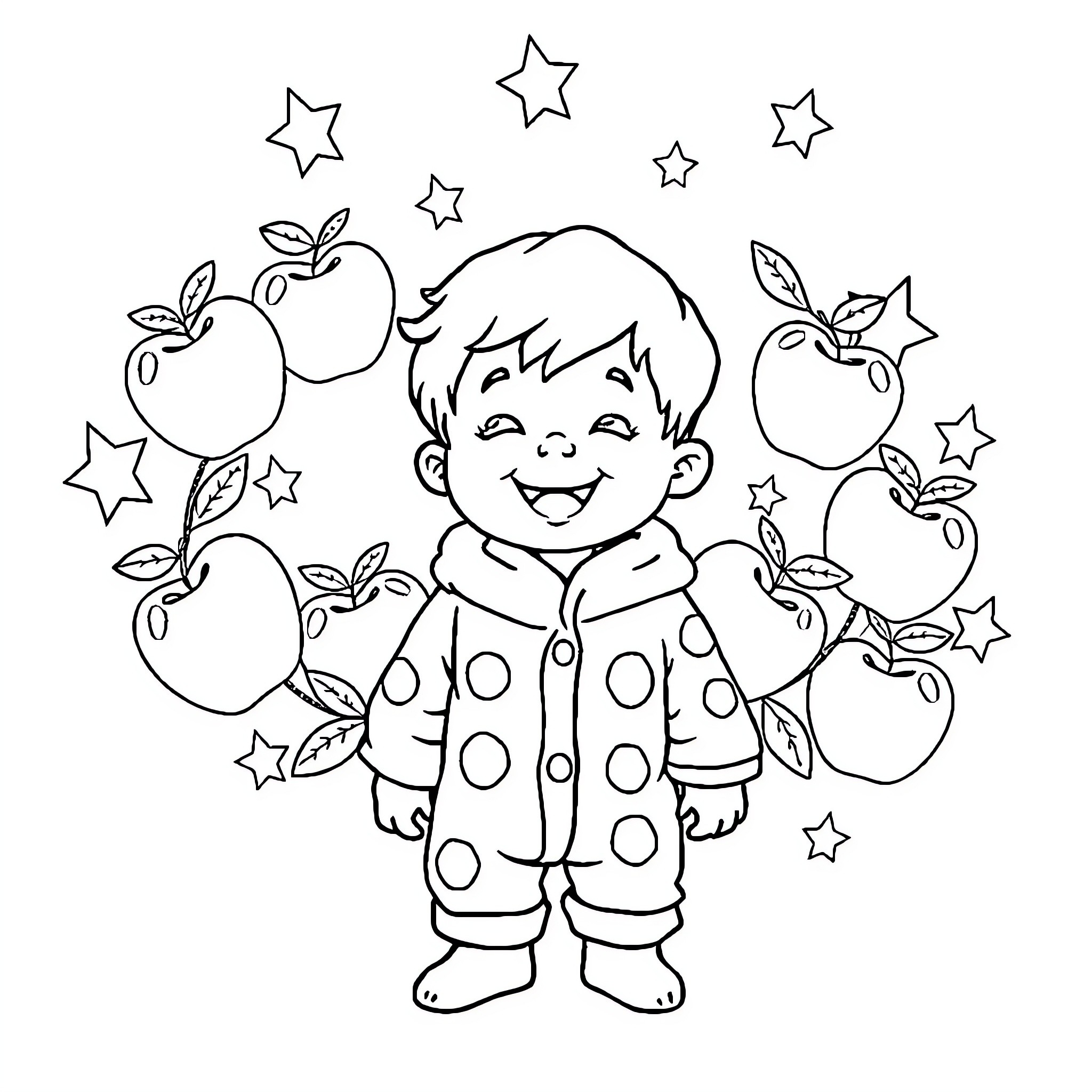 Kid in Polka Dot Outfit with Apples and Stars Coloring Page (free black-and-white line drawing printable PDF for all, from beginners to advanced learners, including children, teens, adults, and seniors)