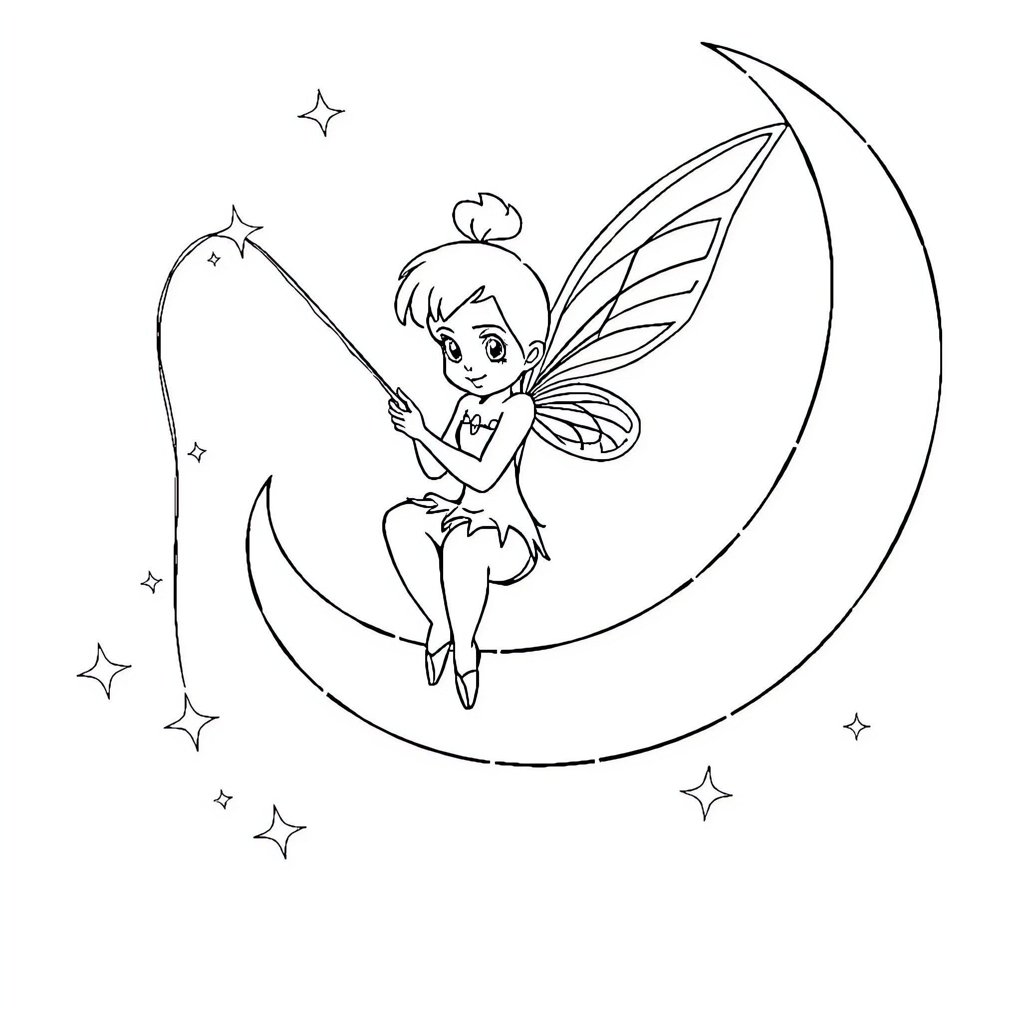 Tinkerbell sitting on a crescent moon surrounded by stars Coloring Page (free black-and-white line drawing printable PDF for all, from beginners to advanced learners, including children, teens, adults, and seniors)