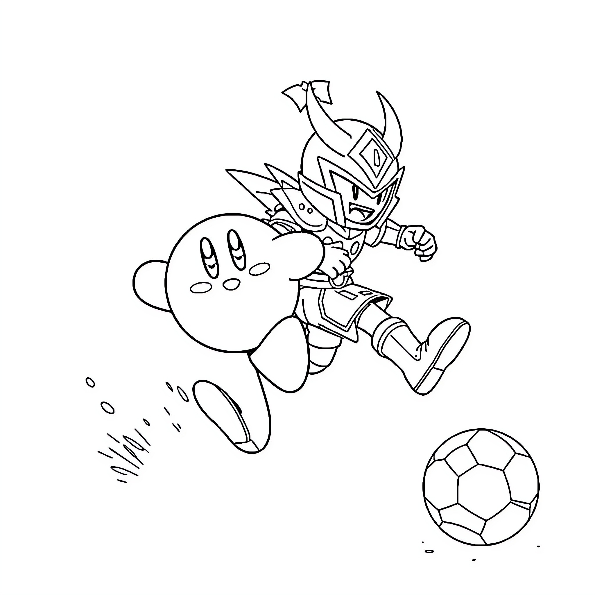 Kirby playing soccer with robot warrior Coloring Page (free black-and-white line drawing printable PDF for all, from beginners to advanced learners, including children, teens, adults, and seniors)