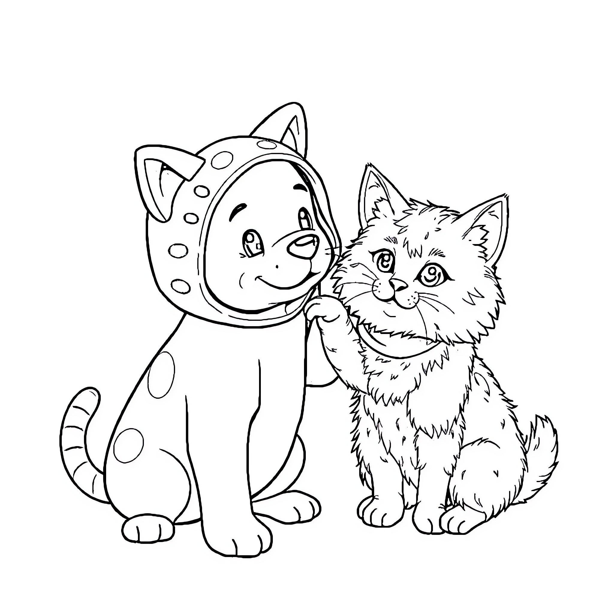Dog and Cat in Playful Attire Coloring Page (free black-and-white line drawing printable PDF for all, from beginners to advanced learners, including children, teens, adults, and seniors)