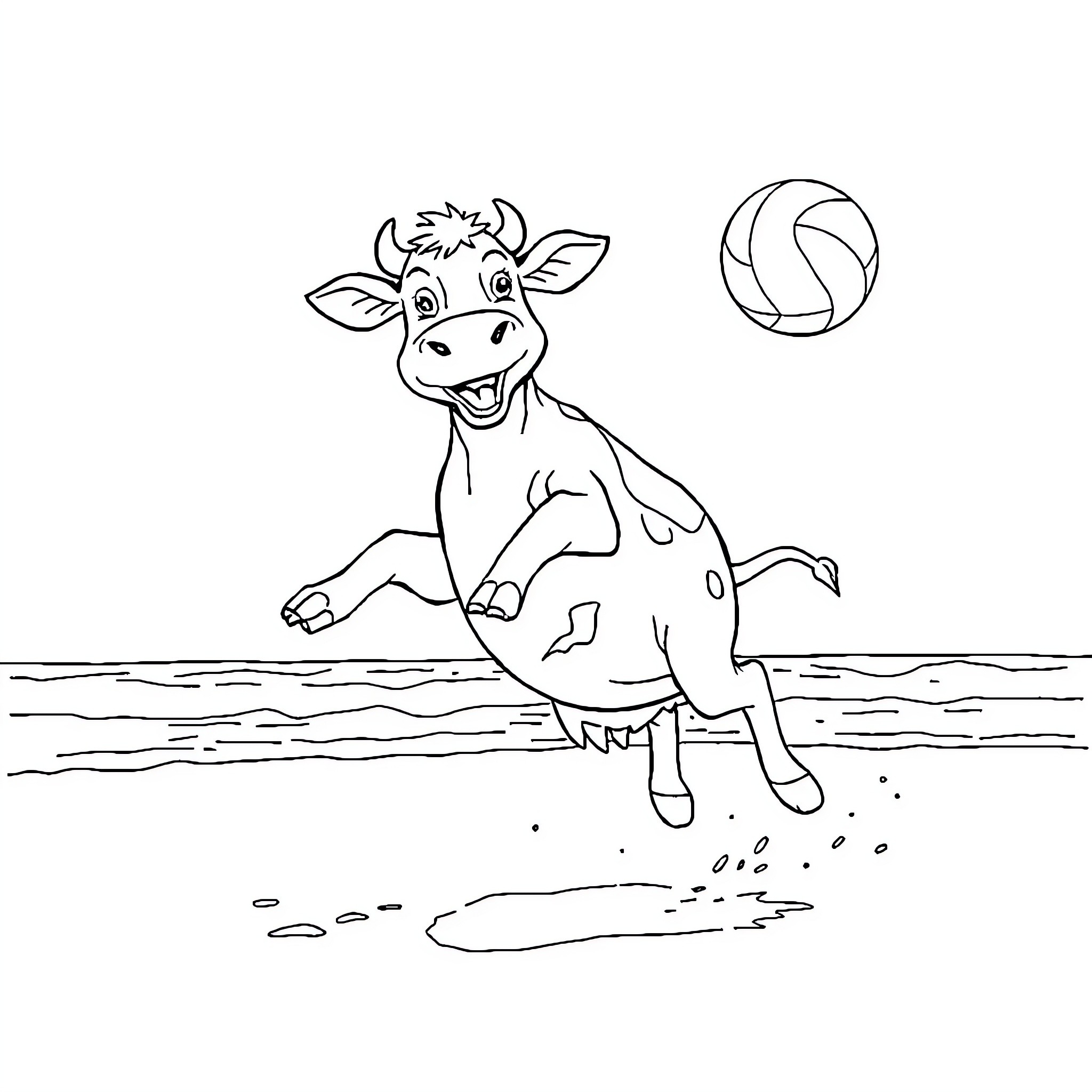 Cow playing joyfully with a volleyball Coloring Page (free black-and-white line drawing printable PDF for all, from beginners to advanced learners, including children, teens, adults, and seniors)