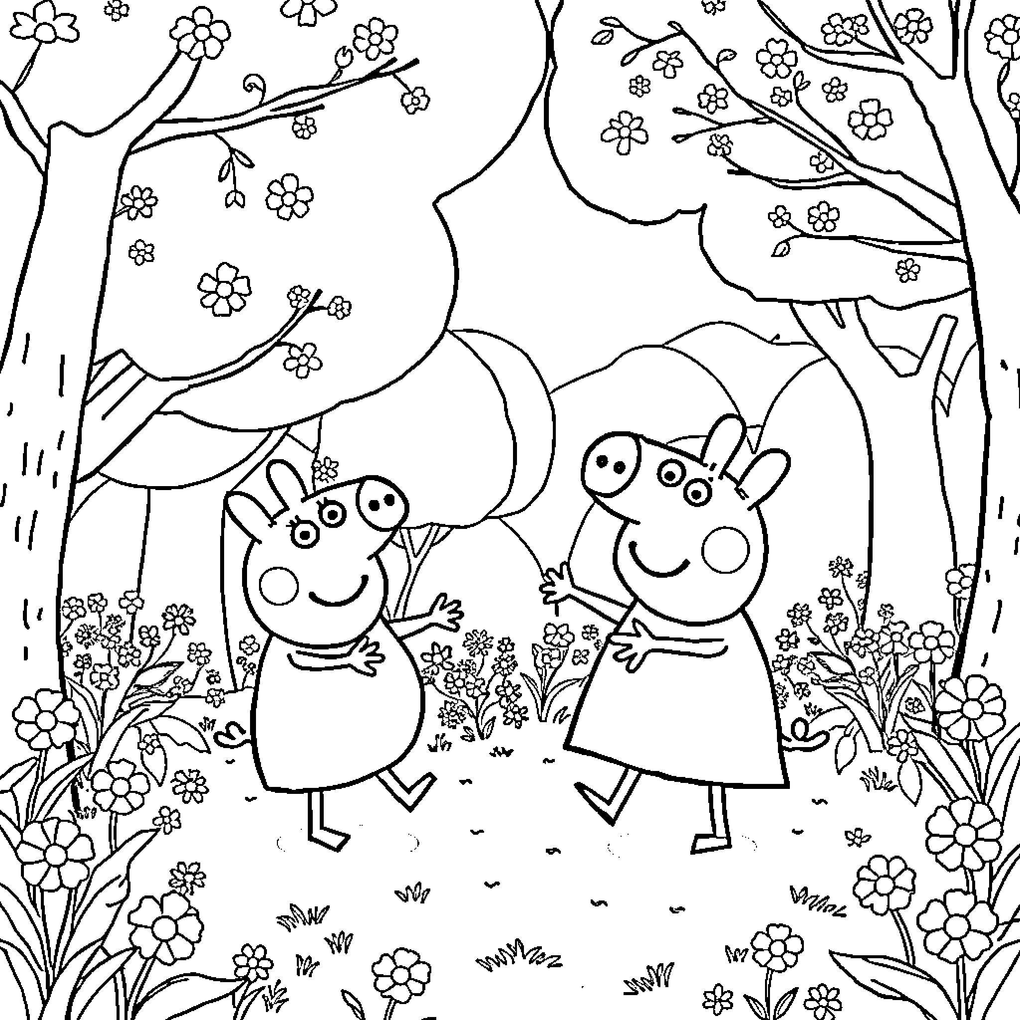 Peppa Pig and friends explore spring garden Coloring Page (free black-and-white line drawing printable PDF for all, from beginners to advanced learners, including children, teens, adults, and seniors)