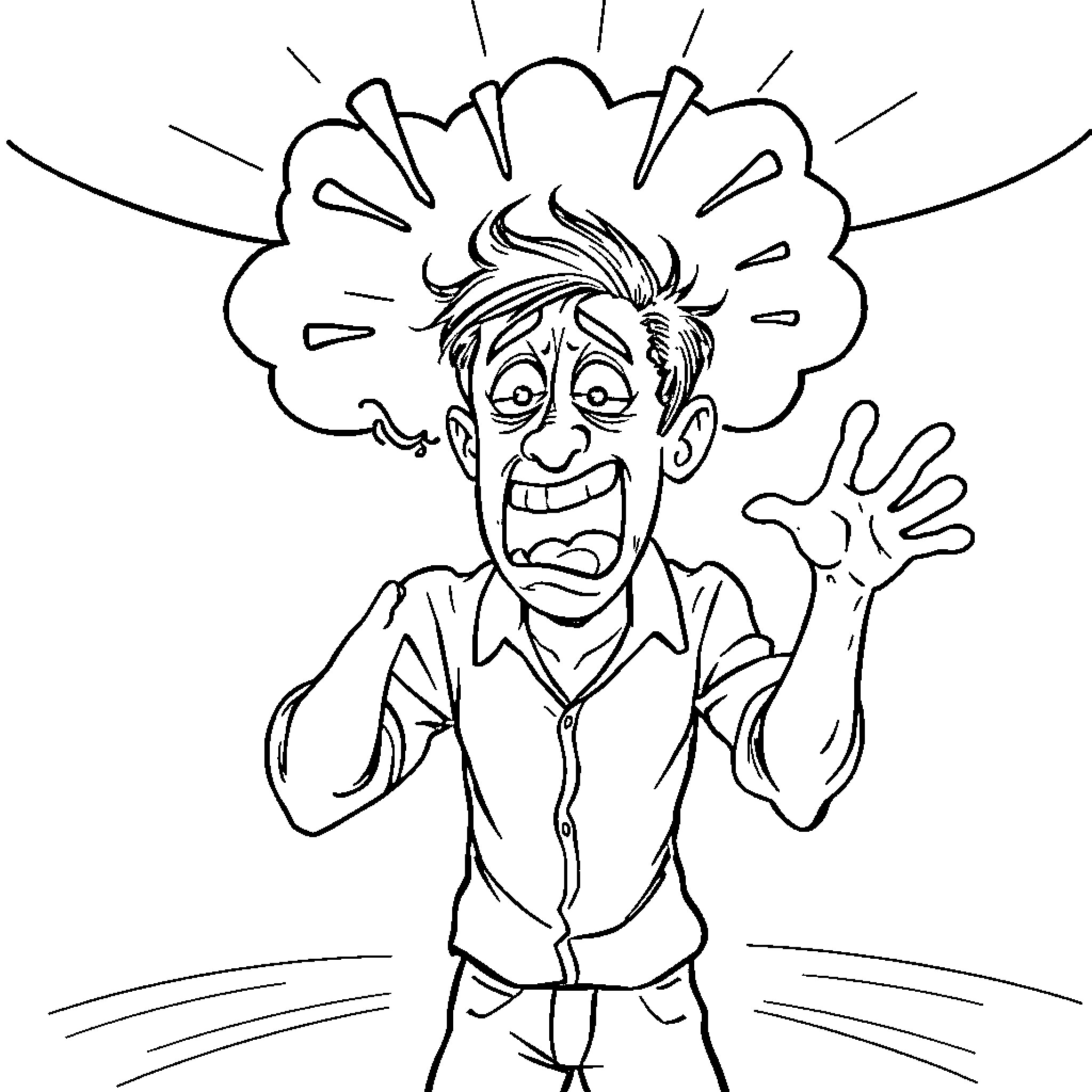 Idiot's Outrageous Outburst and Dramatic Gestures Coloring Page (free black-and-white line drawing printable PDF for all, from beginners to advanced learners, including children, teens, adults, and seniors)