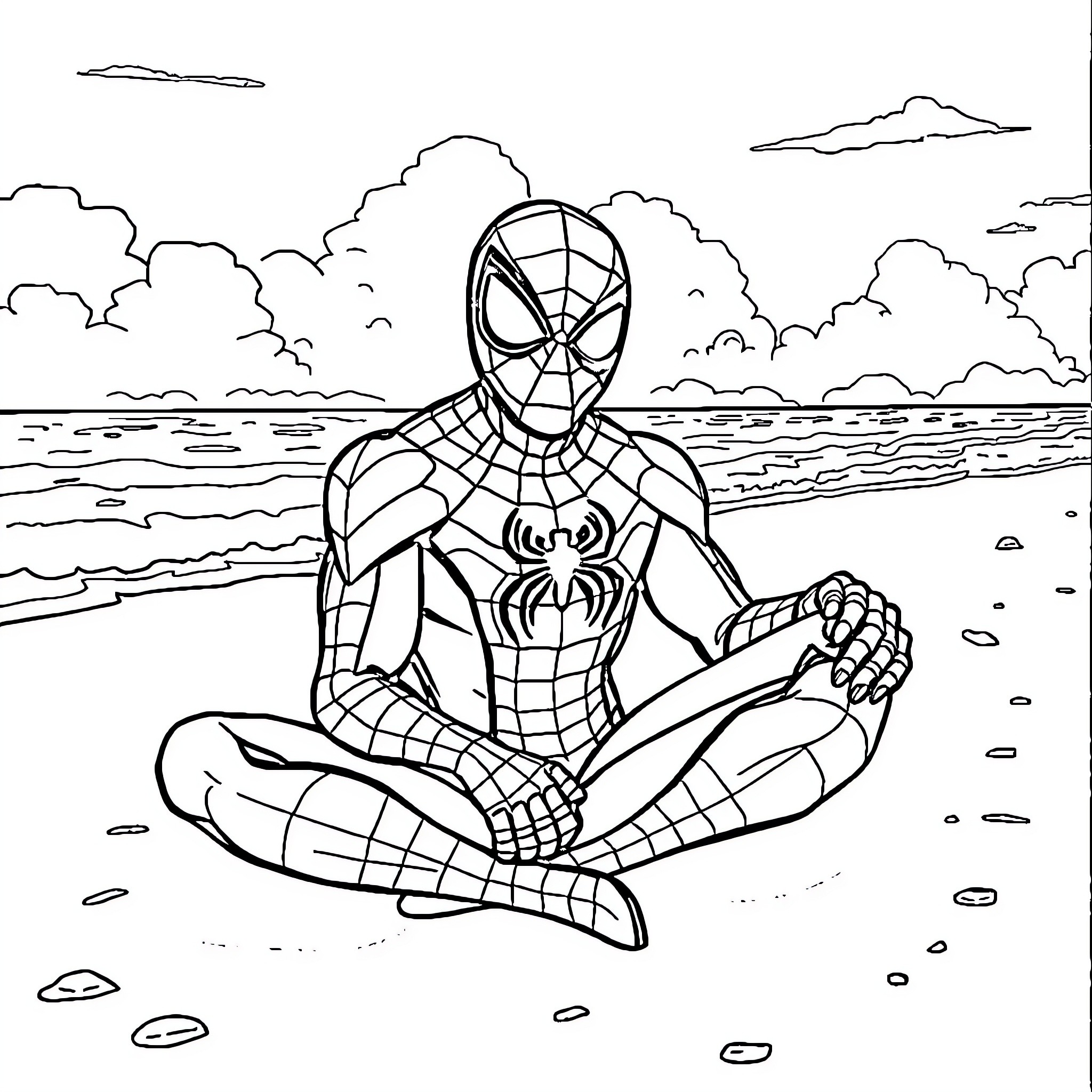Spiderman meditating on the beach Coloring Page (free black-and-white line drawing printable PDF for all, from beginners to advanced learners, including children, teens, adults, and seniors)