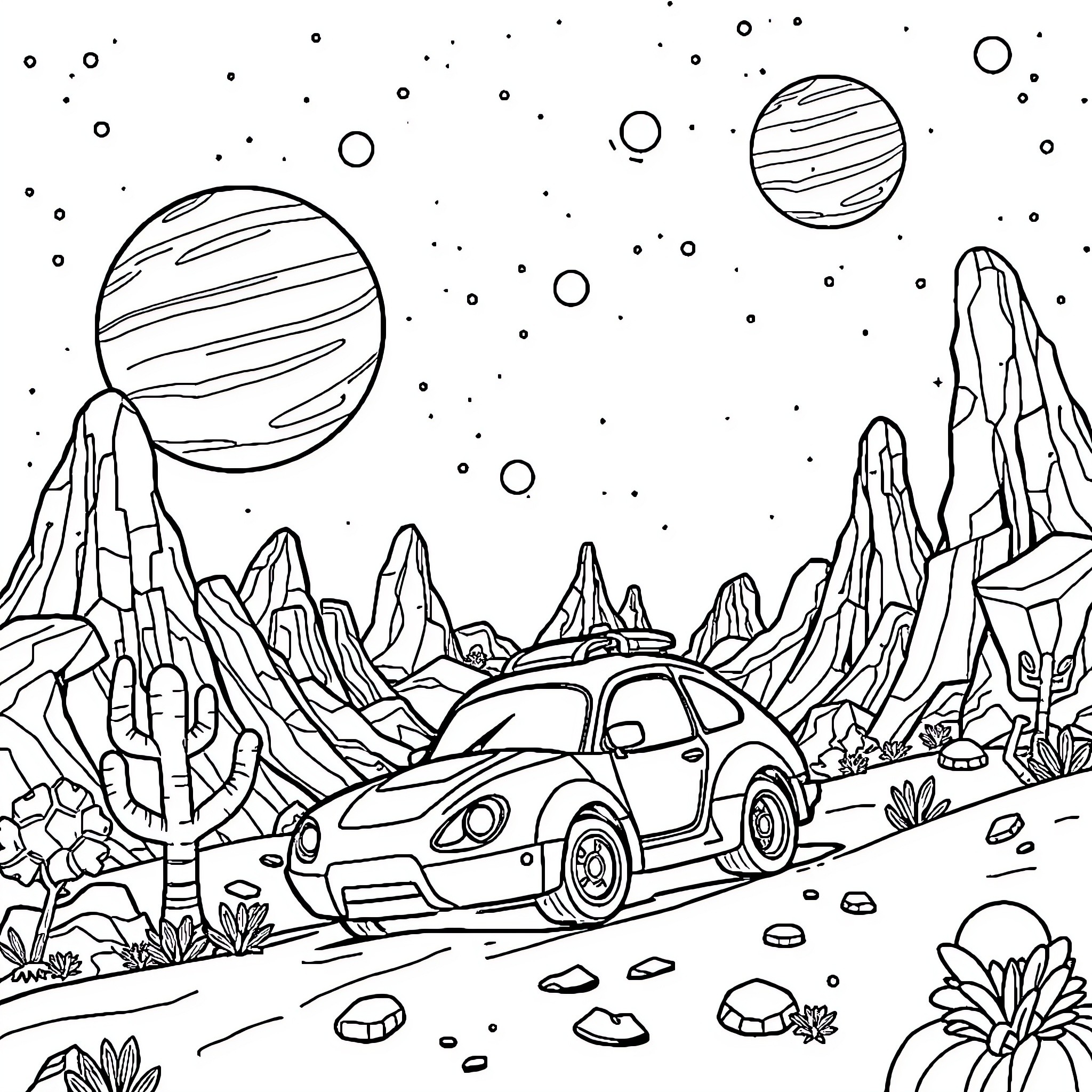 Robocar Poli's Interstellar Adventure Coloring Page (free black-and-white line drawing printable PDF for all, from beginners to advanced learners, including children, teens, adults, and seniors)