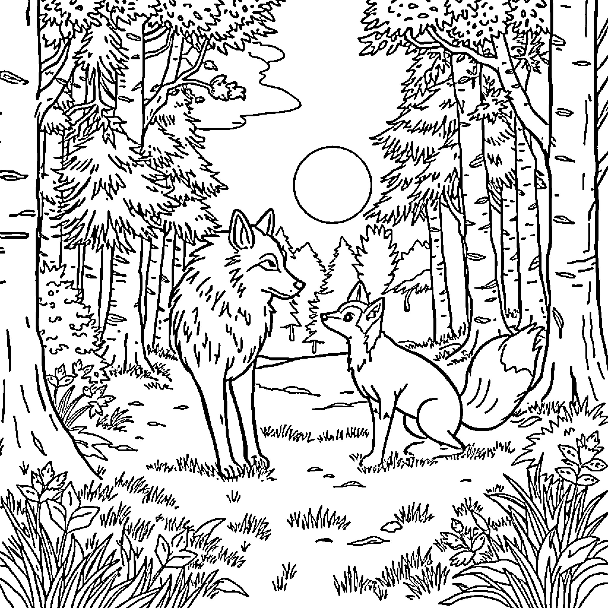 Wolf Pair Exploring Peaceful Forest Landscape Coloring Page (free black-and-white line drawing printable PDF for all, from beginners to advanced learners, including children, teens, adults, and seniors)