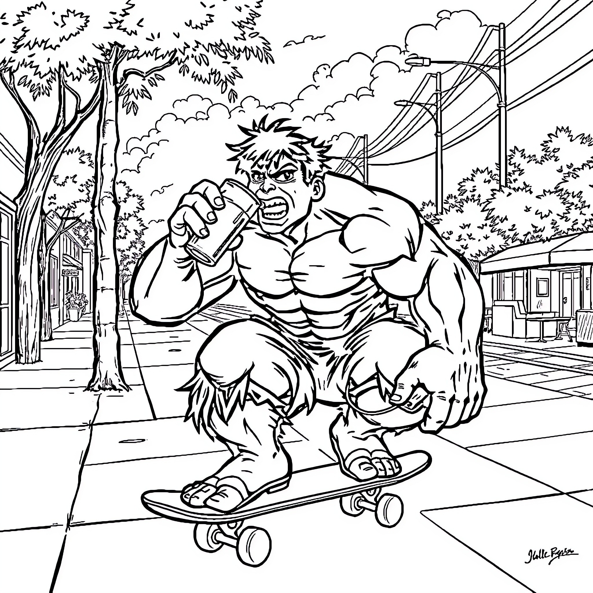 Hulk Shredding on Skateboard Through City Street Coloring Page (free black-and-white line drawing printable PDF for all, from beginners to advanced learners, including children, teens, adults, and seniors)
