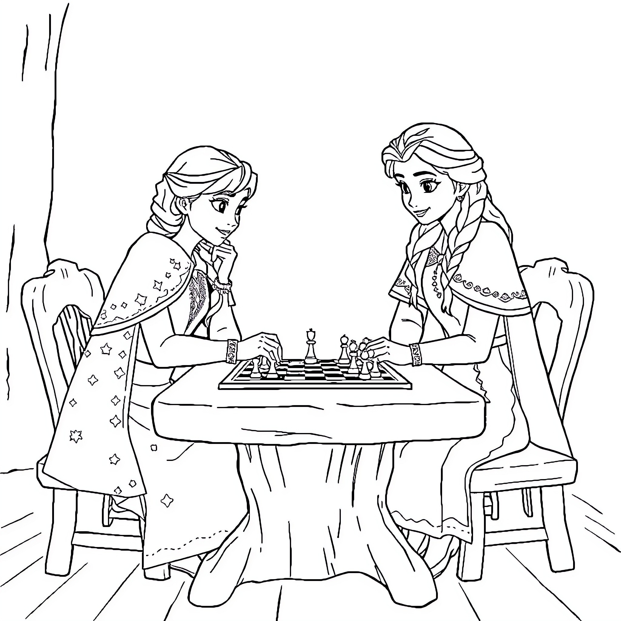 Queen sisters playing chess in royal attire Coloring Page (free black-and-white line drawing printable PDF for all, from beginners to advanced learners, including children, teens, adults, and seniors)