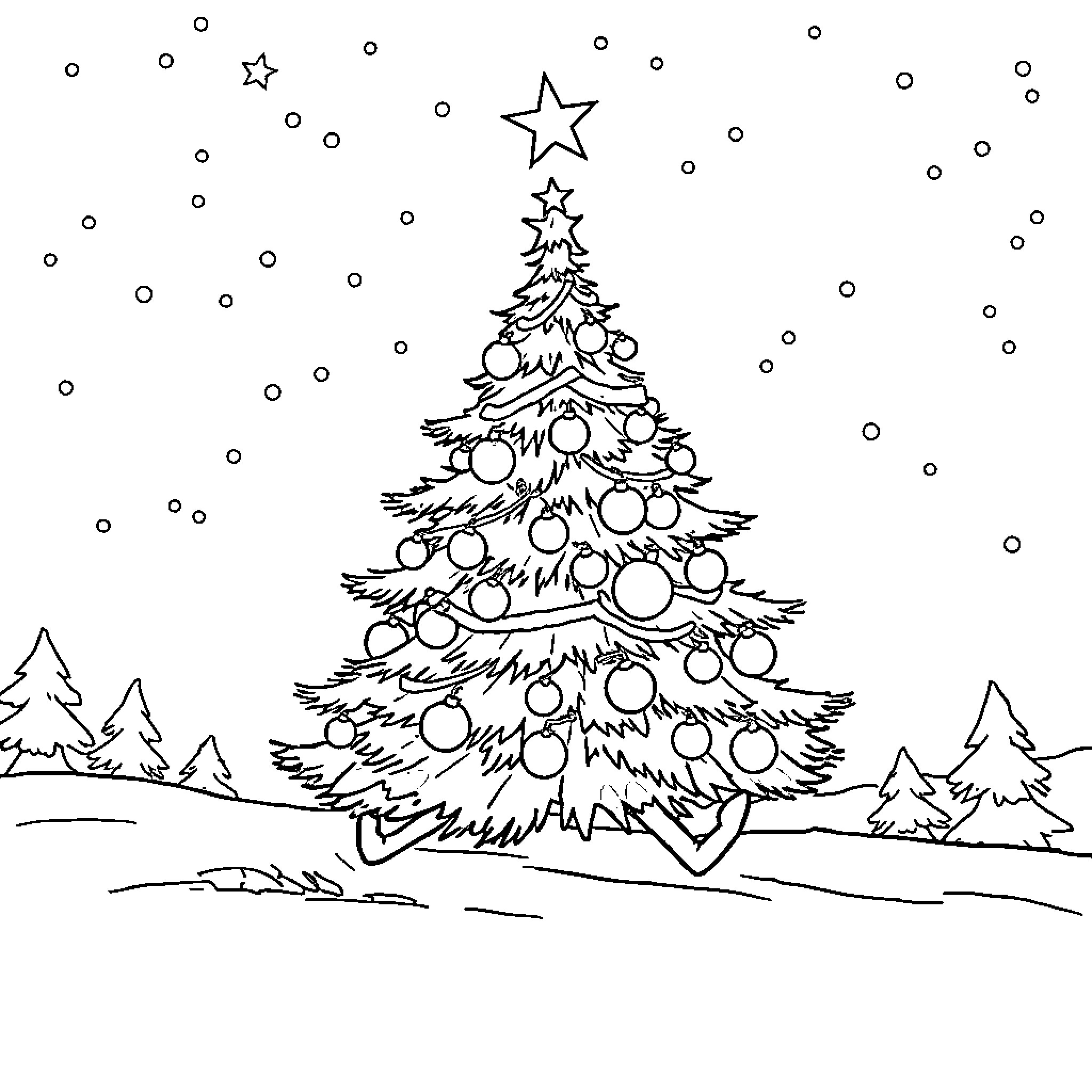 Christmas Tree adorned with ornaments in snowy landscape Coloring Page (free black-and-white line drawing printable PDF for all, from beginners to advanced learners, including children, teens, adults, and seniors)
