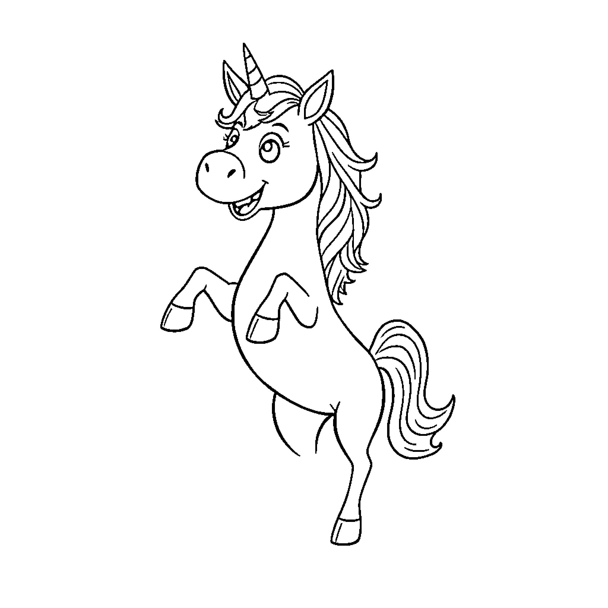 Unicorn prancing joyfully in the meadow Coloring Page (free black-and-white line drawing printable PDF for all, from beginners to advanced learners, including children, teens, adults, and seniors)