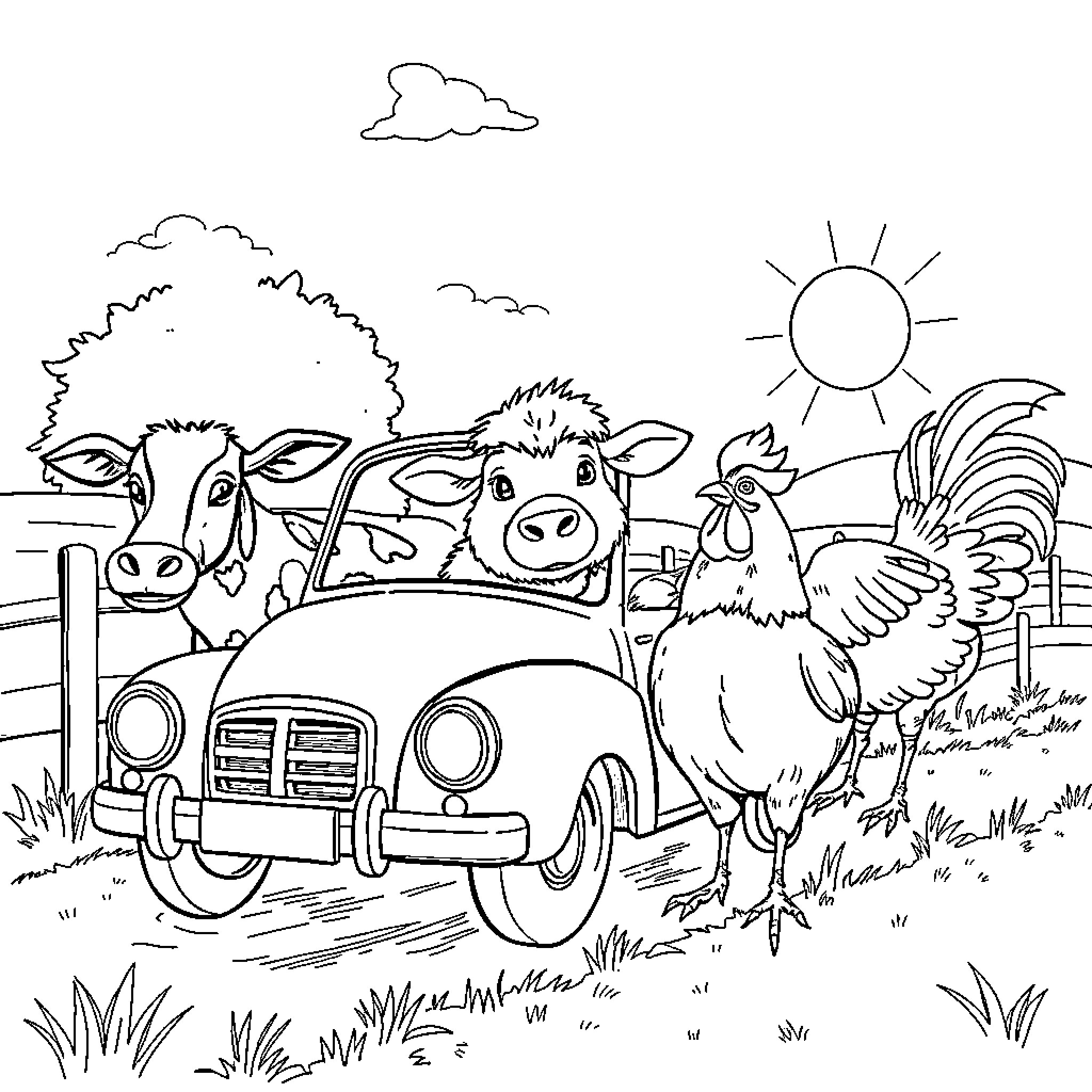Voiture avec des animaux de la ferme Coloring Page (free black-and-white line drawing printable PDF for all, from beginners to advanced learners, including children, teens, adults, and seniors)
