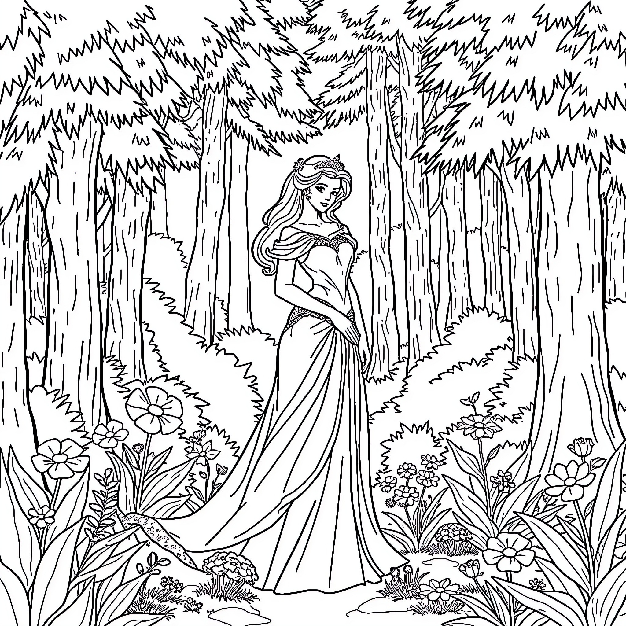 Princess in a Magical Forest Coloring Page (free black-and-white line drawing printable PDF for all, from beginners to advanced learners, including children, teens, adults, and seniors)