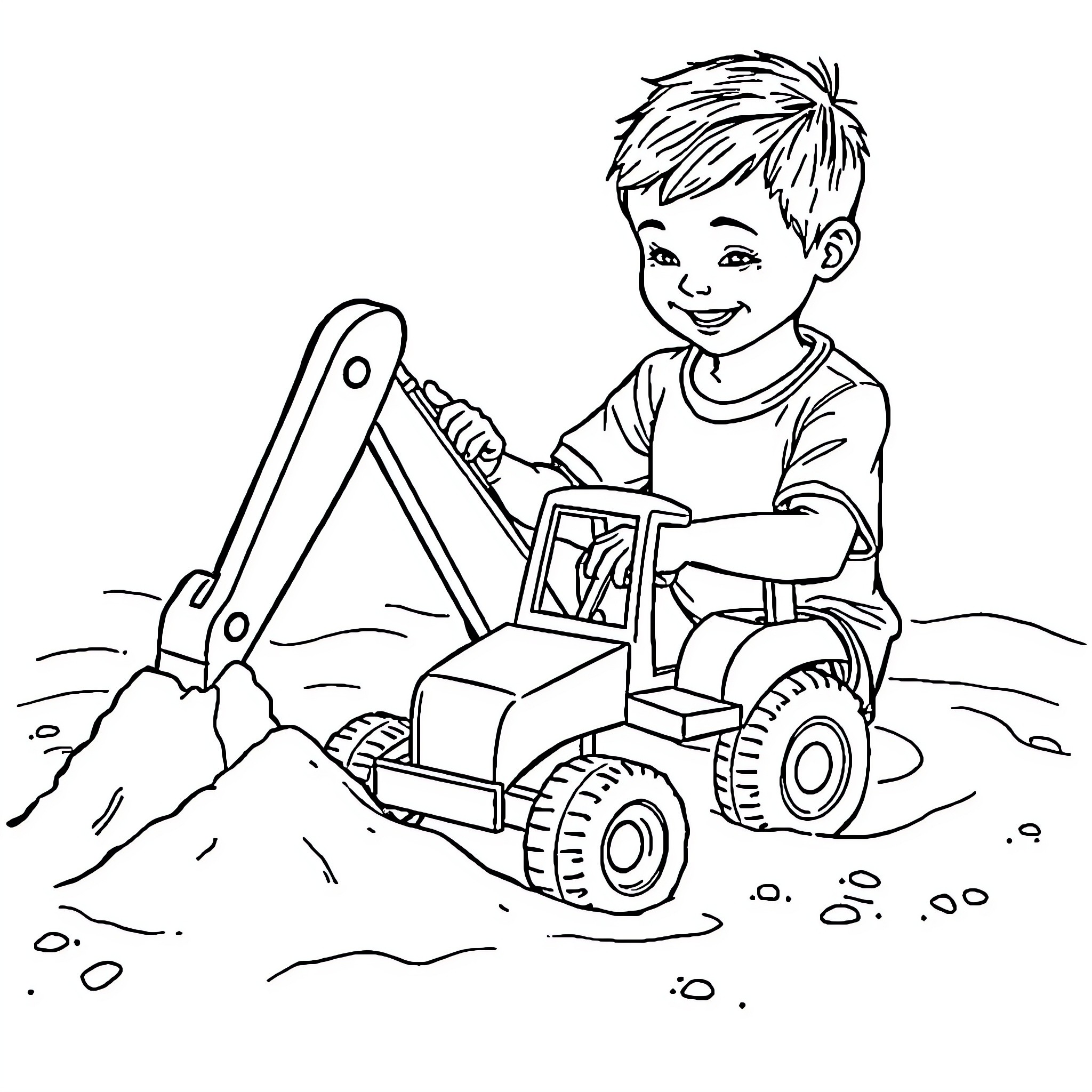 Boy playing with toy construction vehicle Coloring Page (free black-and-white line drawing printable PDF for all, from beginners to advanced learners, including children, teens, adults, and seniors)