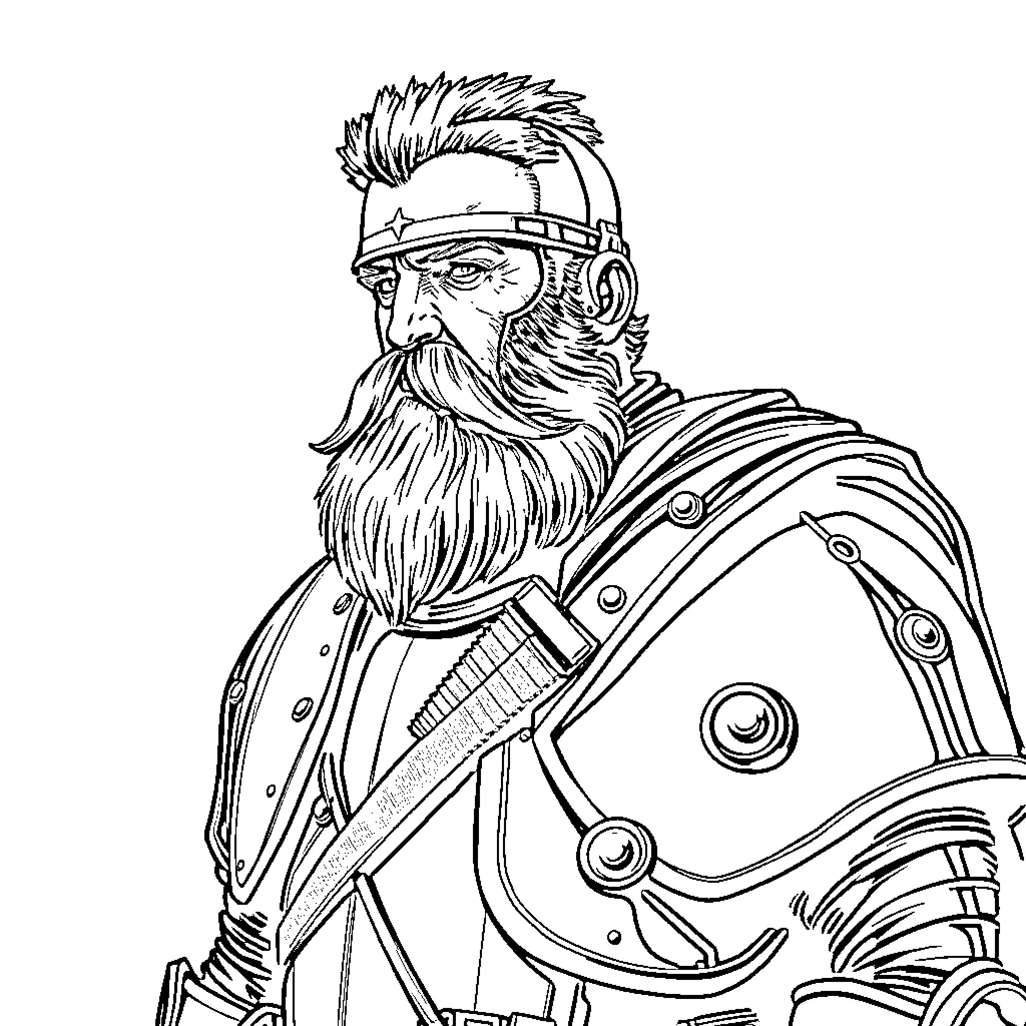 Ned Kelly in Armored Gear, Wielding Weaponry Coloring Page (free black-and-white line drawing printable PDF for all, from beginners to advanced learners, including children, teens, adults, and seniors)