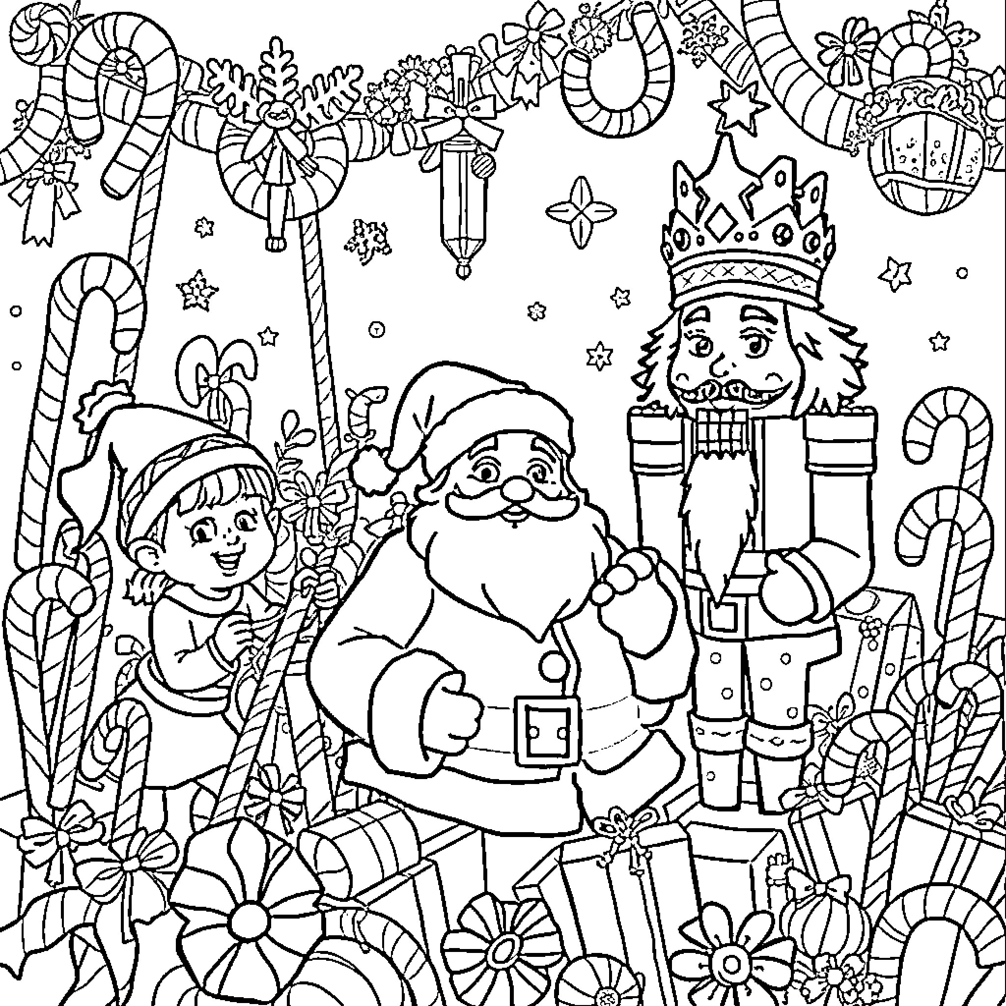 Christmas scene with Santa, nutcracker and holiday decorations Coloring Page (free black-and-white line drawing printable PDF for all, from beginners to advanced learners, including children, teens, adults, and seniors)