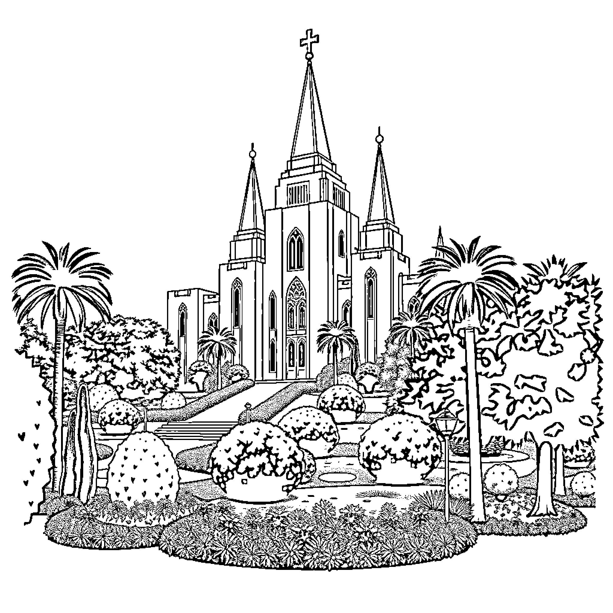 Temple with grand architecture and lush gardens Coloring Page (free black-and-white line drawing printable PDF for all, from beginners to advanced learners, including children, teens, adults, and seniors)