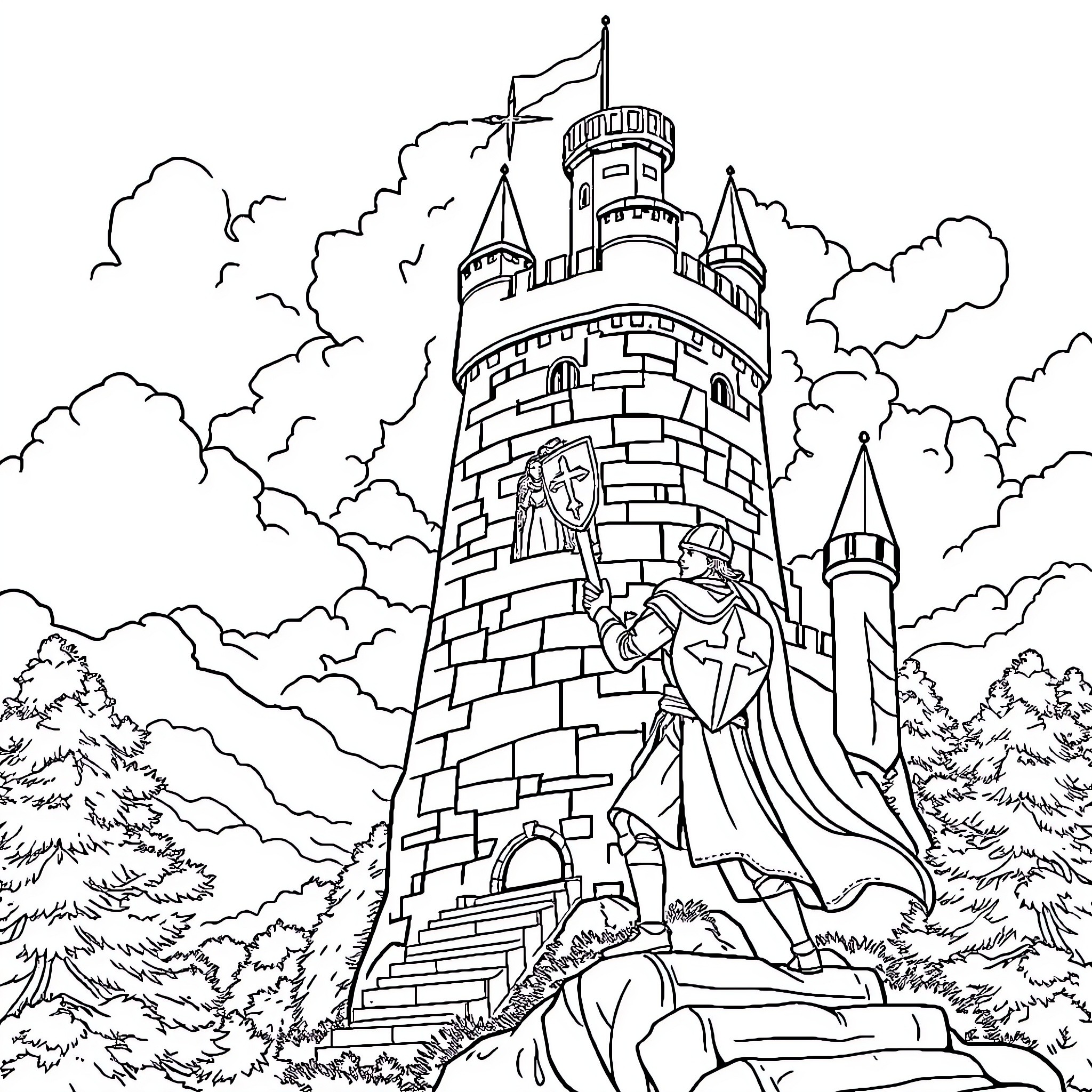 Knight guarding an enchanted castle in the clouds Coloring Page (free black-and-white line drawing printable PDF for all, from beginners to advanced learners, including children, teens, adults, and seniors)