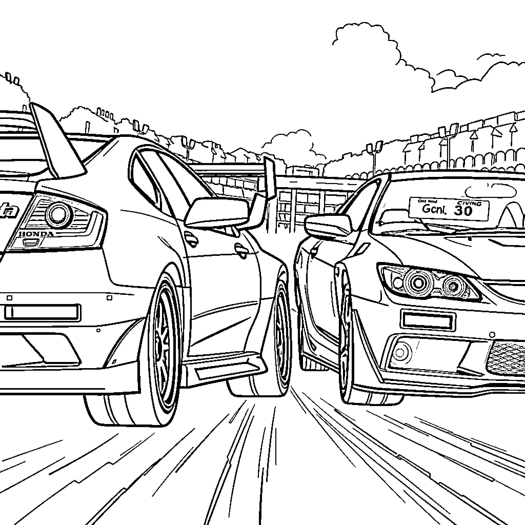 Honda Civic racing on the city streets Coloring Page (free black-and-white line drawing printable PDF for all, from beginners to advanced learners, including children, teens, adults, and seniors)