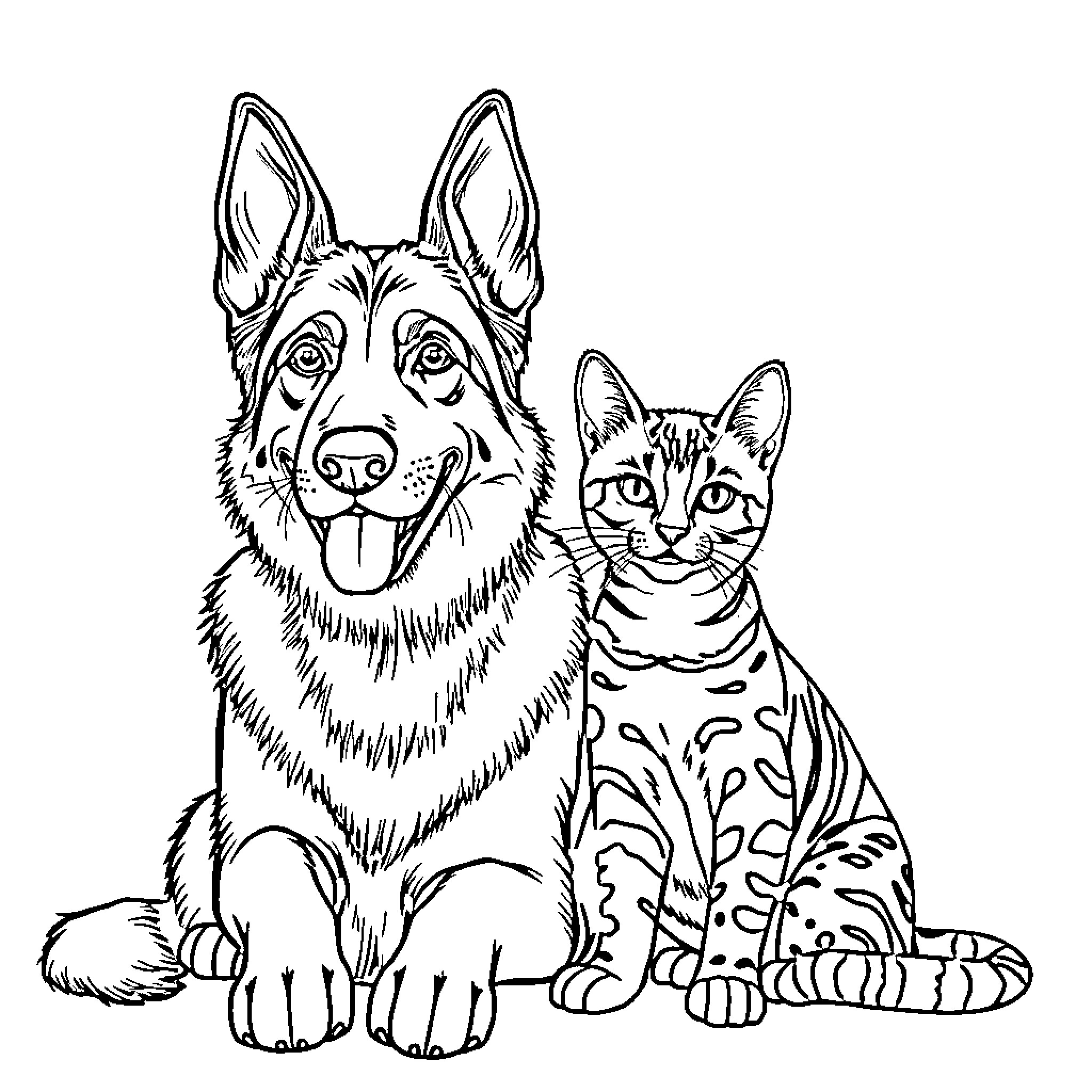 German Shepherd and Cat sitting together Coloring Page (free black-and-white line drawing printable PDF for all, from beginners to advanced learners, including children, teens, adults, and seniors)