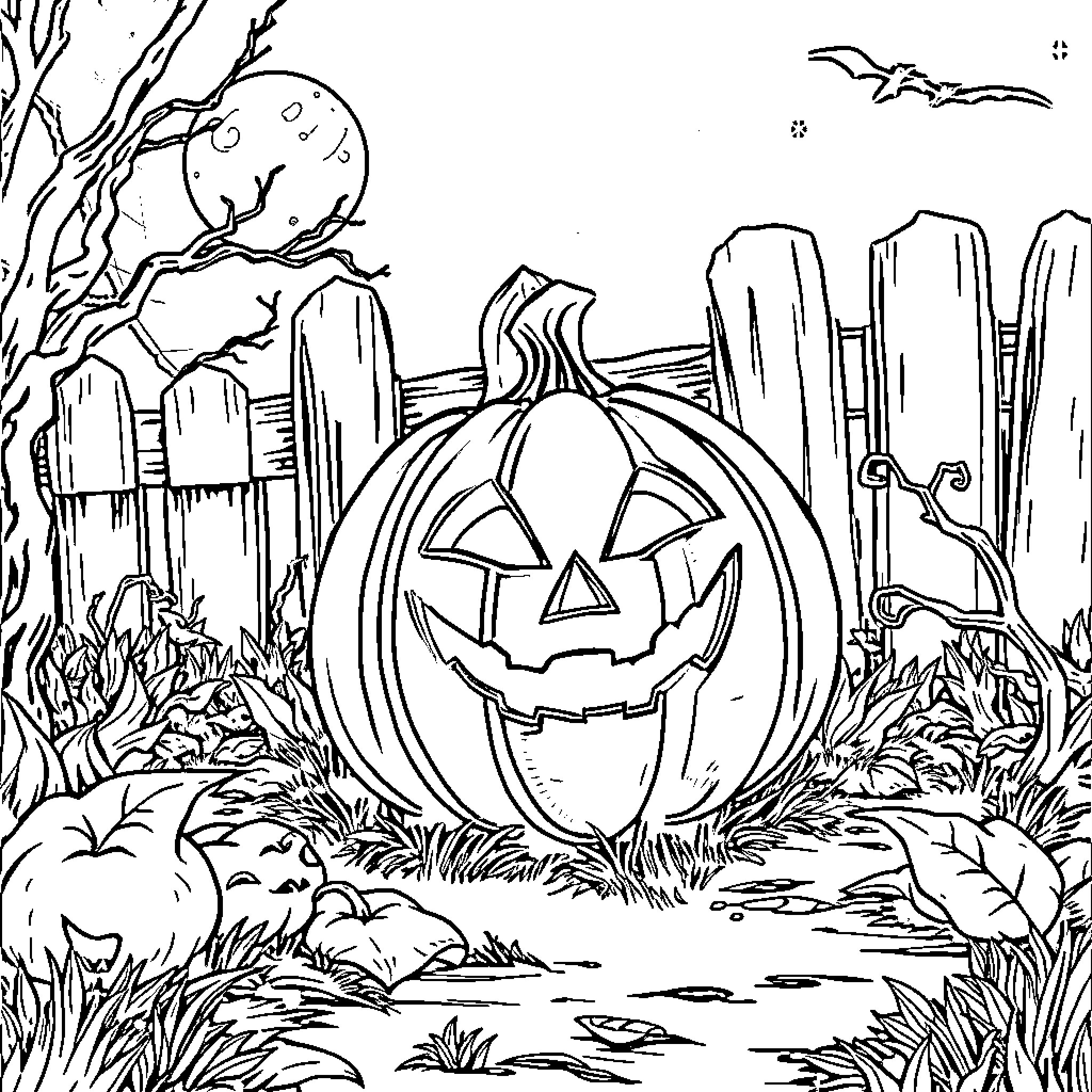 Pumpkin Carved in Spooky Halloween Scene Coloring Page (free black-and-white line drawing printable PDF for all, from beginners to advanced learners, including children, teens, adults, and seniors)