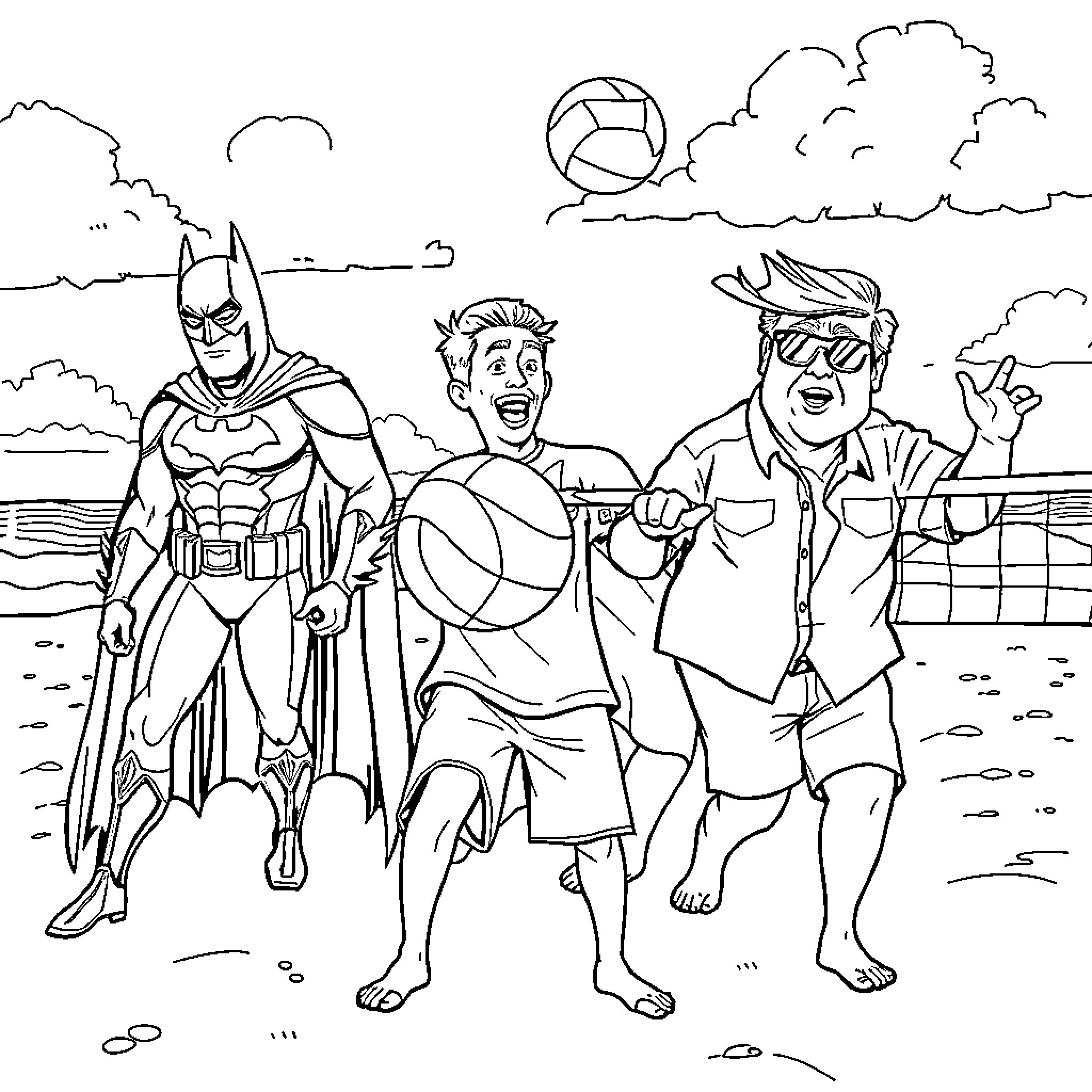Batman and friends enjoying a beach day Coloring Page (free black-and-white line drawing printable PDF for all, from beginners to advanced learners, including children, teens, adults, and seniors)