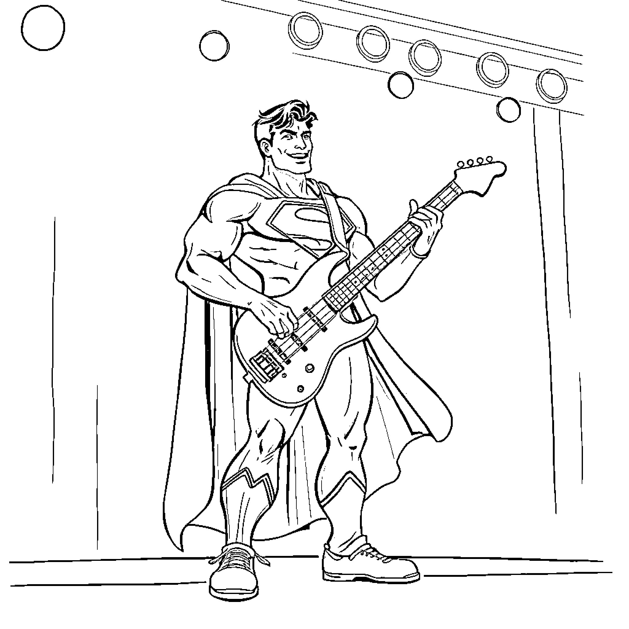 Superman playing electric guitar on stage Coloring Page (free black-and-white line drawing printable PDF for all, from beginners to advanced learners, including children, teens, adults, and seniors)