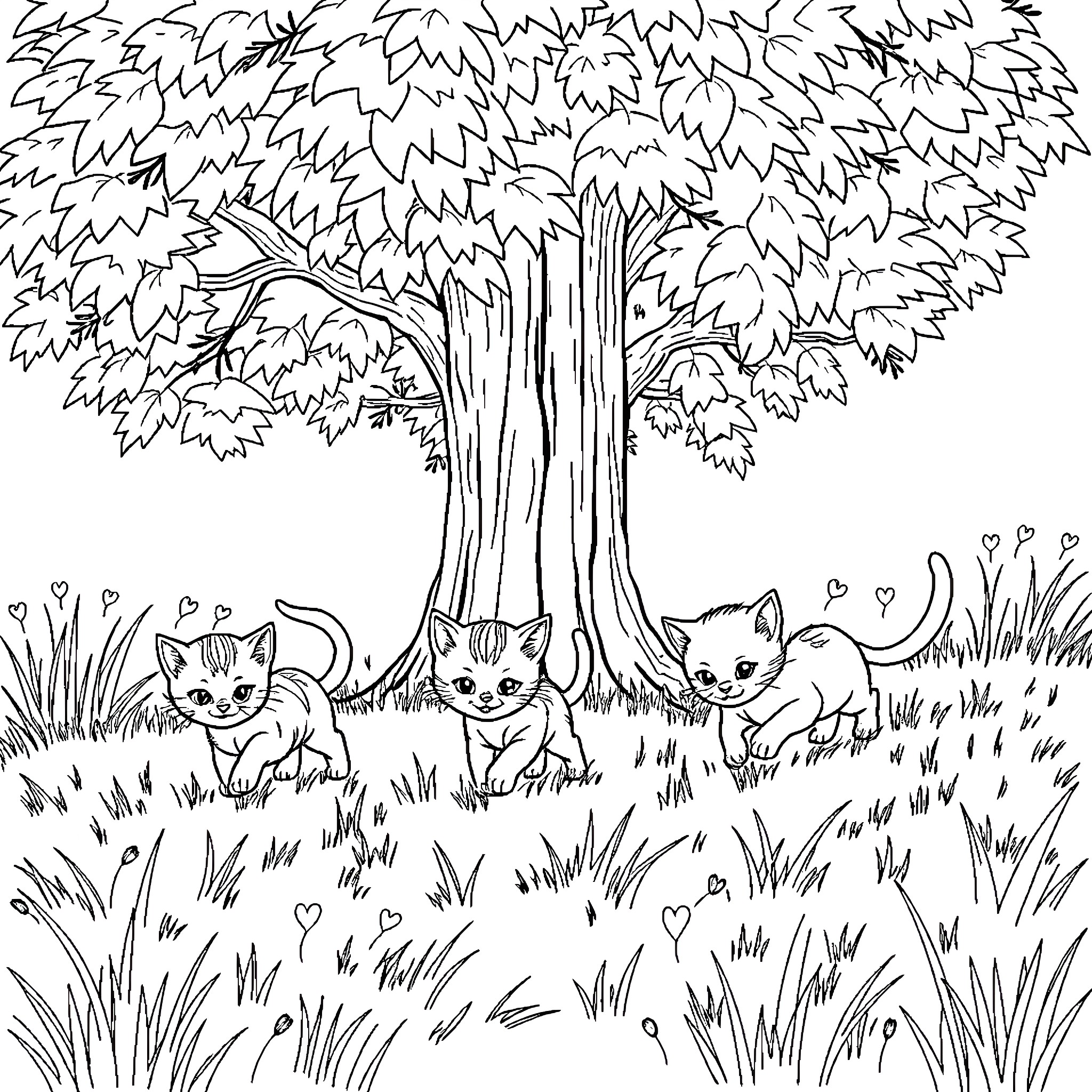 Kittens playing in the park Coloring Page (free black-and-white line drawing printable PDF for all, from beginners to advanced learners, including children, teens, adults, and seniors)