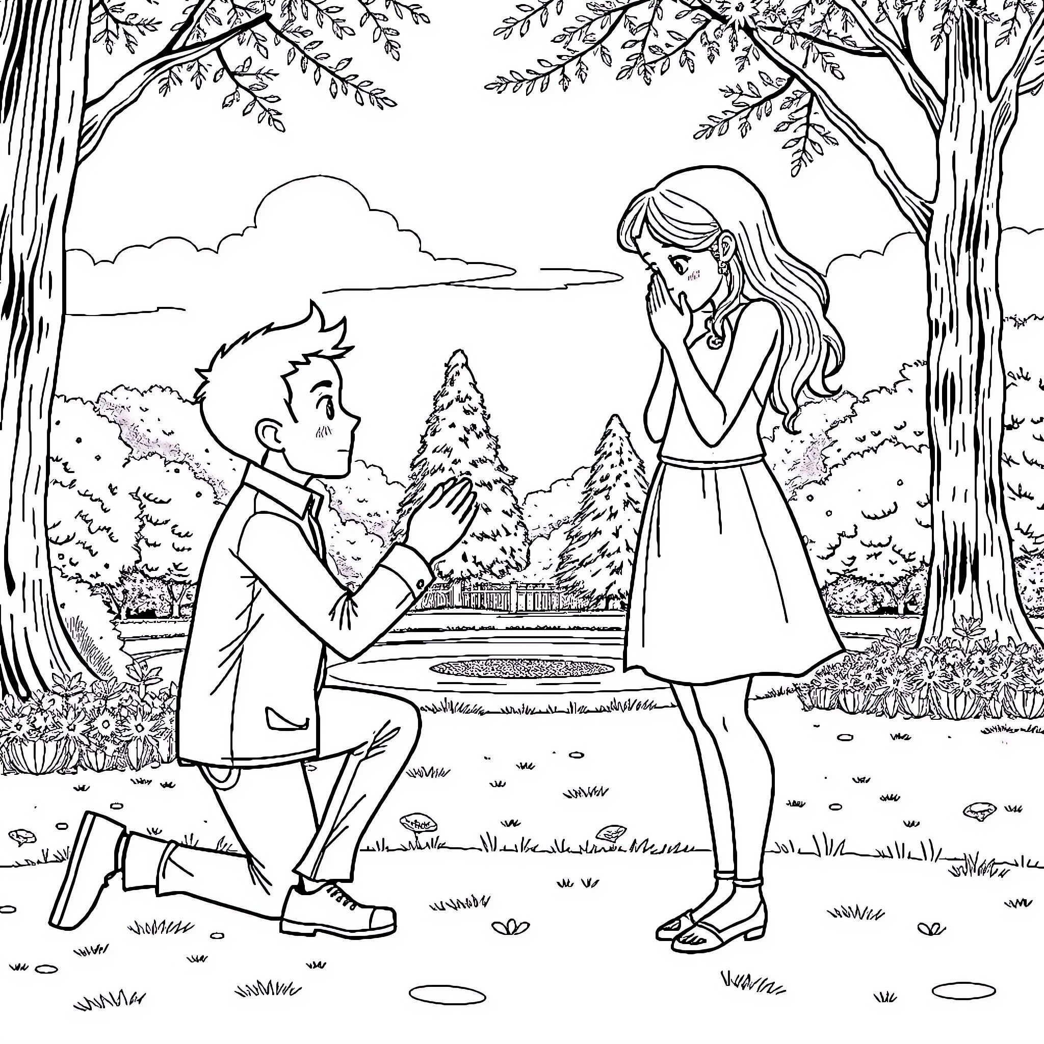 Proposal in a Romantic Forest Setting Coloring Page (free black-and-white line drawing printable PDF for all, from beginners to advanced learners, including children, teens, adults, and seniors)