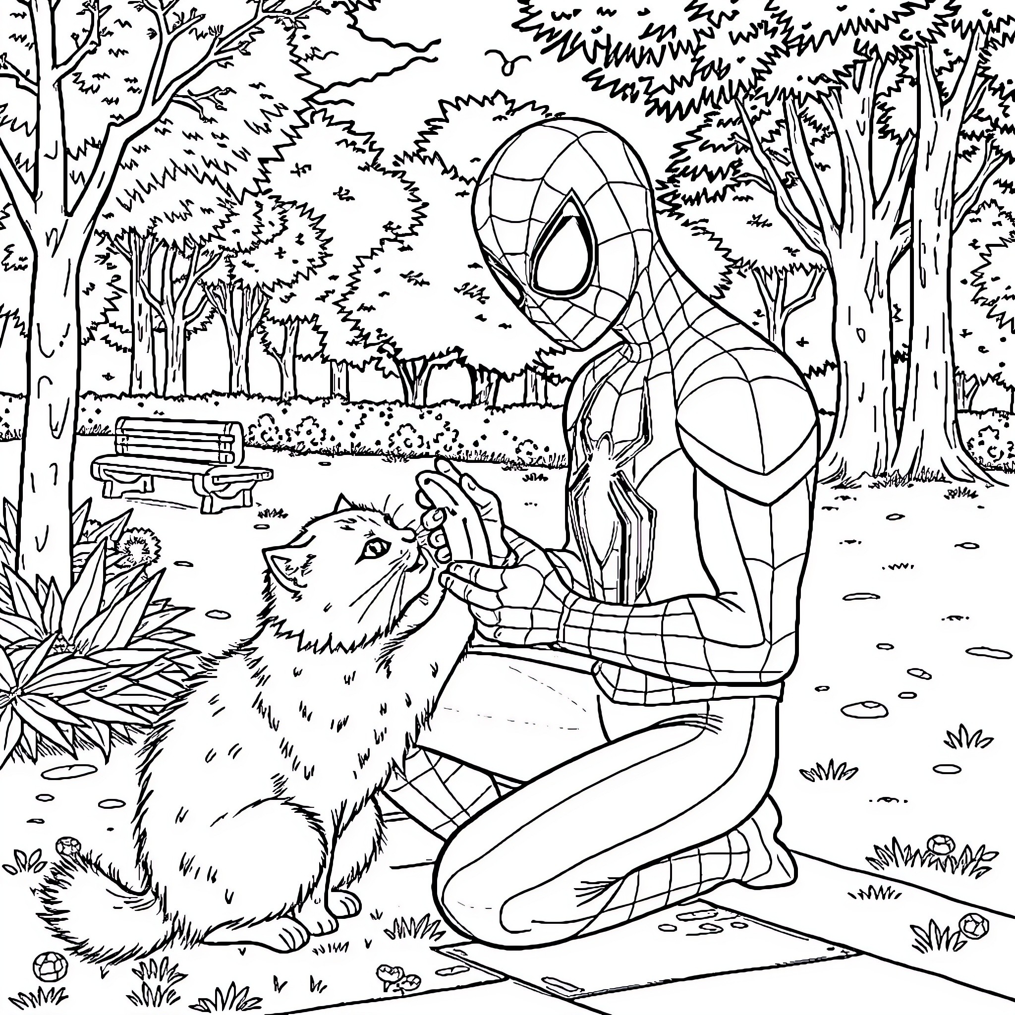 Spider-Man caring for a forest animal Coloring Page (free black-and-white line drawing printable PDF for all, from beginners to advanced learners, including children, teens, adults, and seniors)