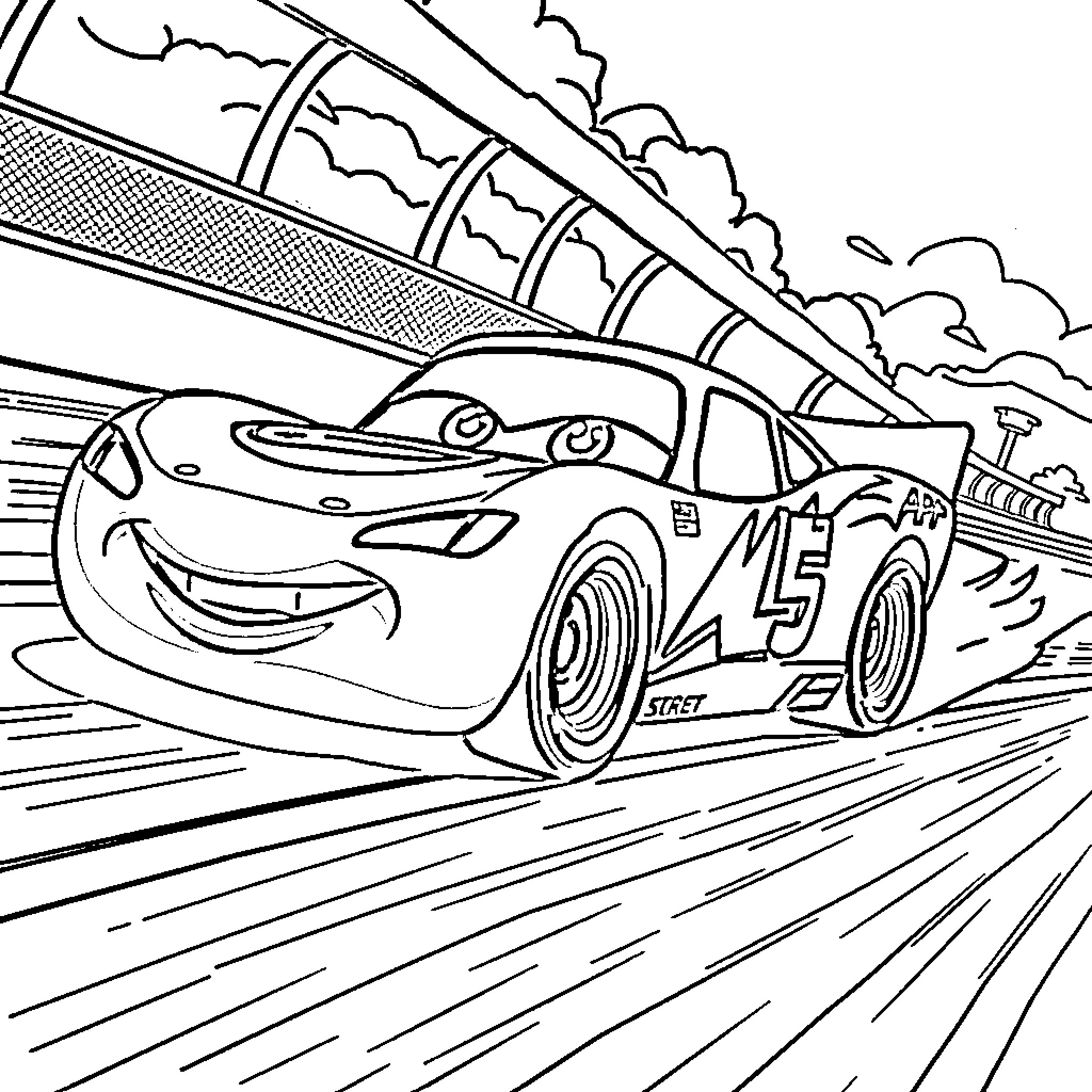 Lightning McQueen racing on the track Coloring Page (free black-and-white line drawing printable PDF for all, from beginners to advanced learners, including children, teens, adults, and seniors)