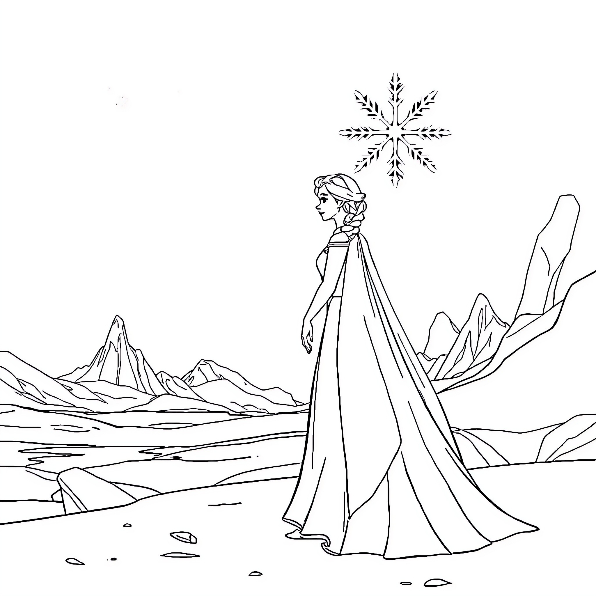 Princess in Winter Wonderland Coloring Page (free black-and-white line drawing printable PDF for all, from beginners to advanced learners, including children, teens, adults, and seniors)