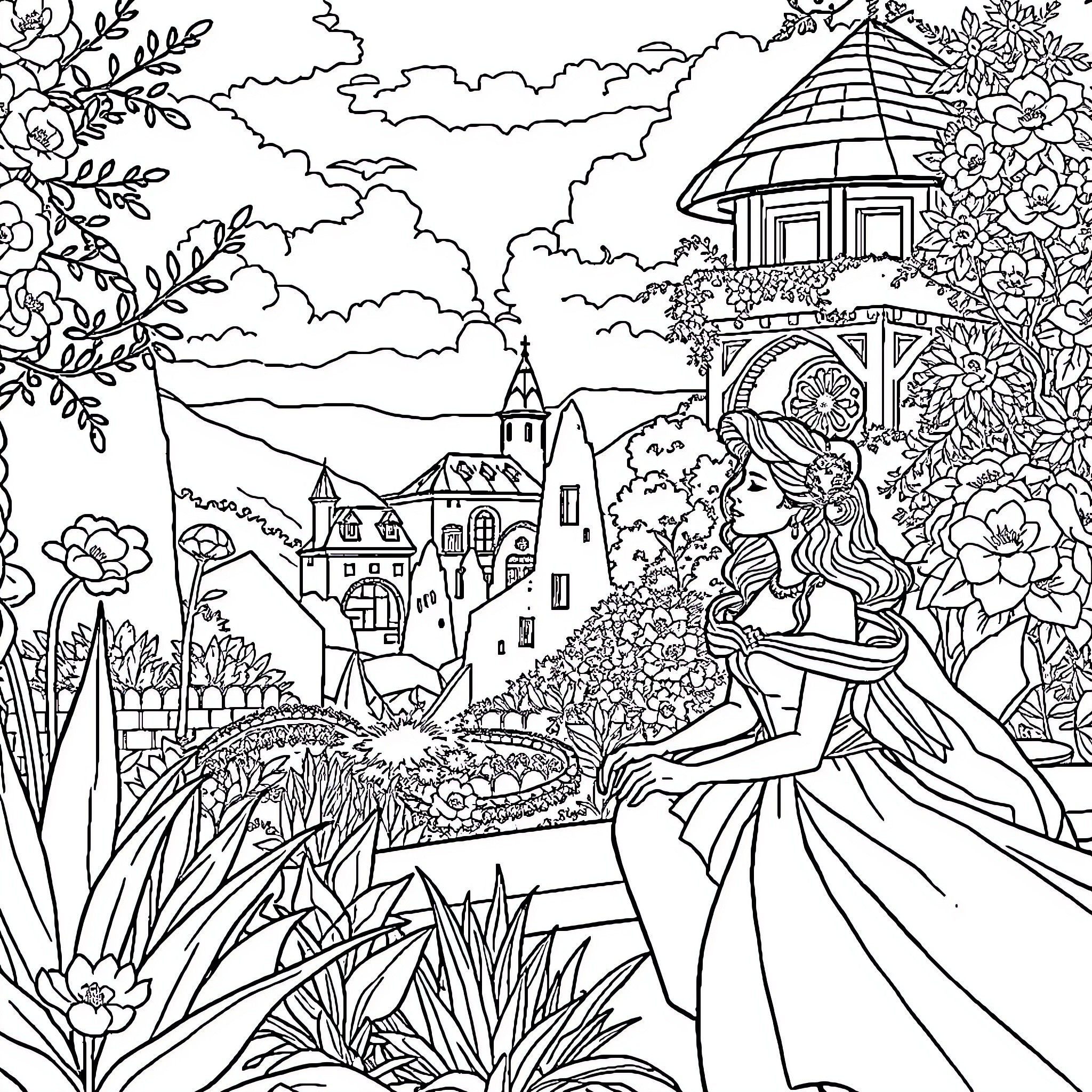 Princess exploring enchanted garden with towering castle Coloring Page (free black-and-white line drawing printable PDF for all, from beginners to advanced learners, including children, teens, adults, and seniors)