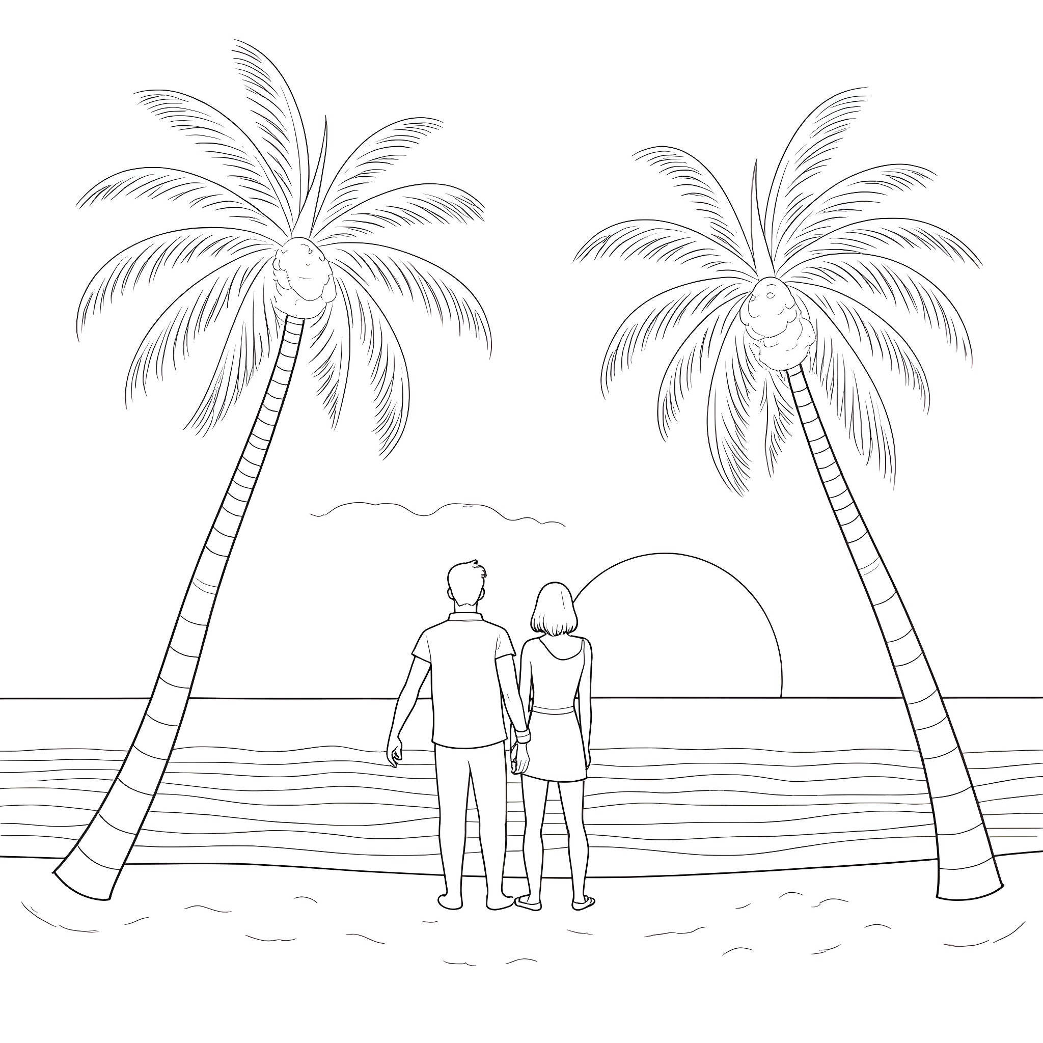 Couple enjoying a sunset at the beach Coloring Page (free black-and-white line drawing printable PDF for all, from beginners to advanced learners, including children, teens, adults, and seniors)