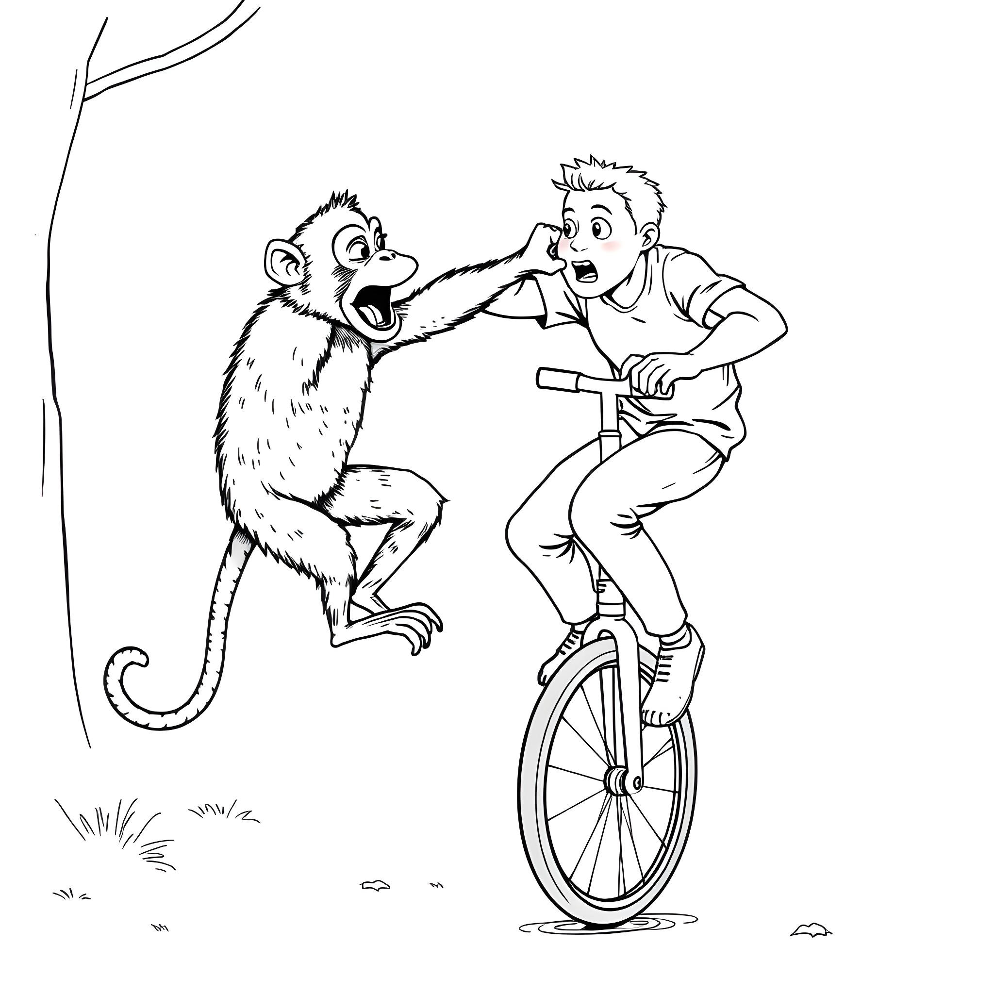 Monkey surprises man riding unicycle in the wild Coloring Page (free black-and-white line drawing printable PDF for all, from beginners to advanced learners, including children, teens, adults, and seniors)