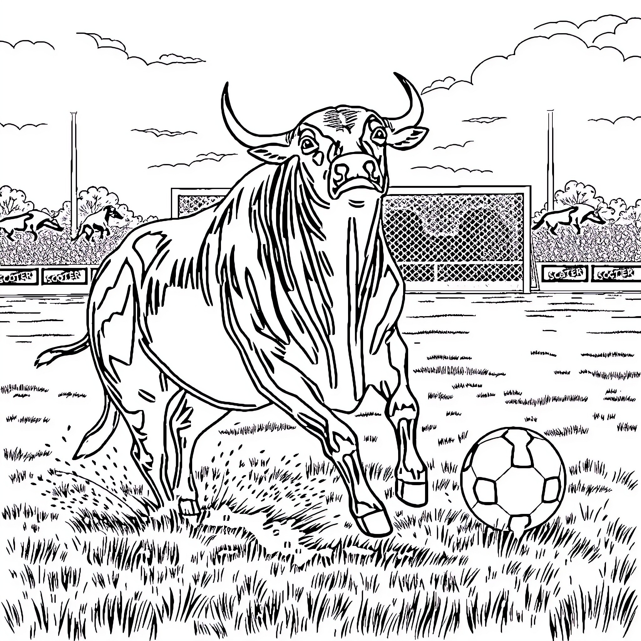 Bull playing with soccer ball on the field Coloring Page (free black-and-white line drawing printable PDF for all, from beginners to advanced learners, including children, teens, adults, and seniors)