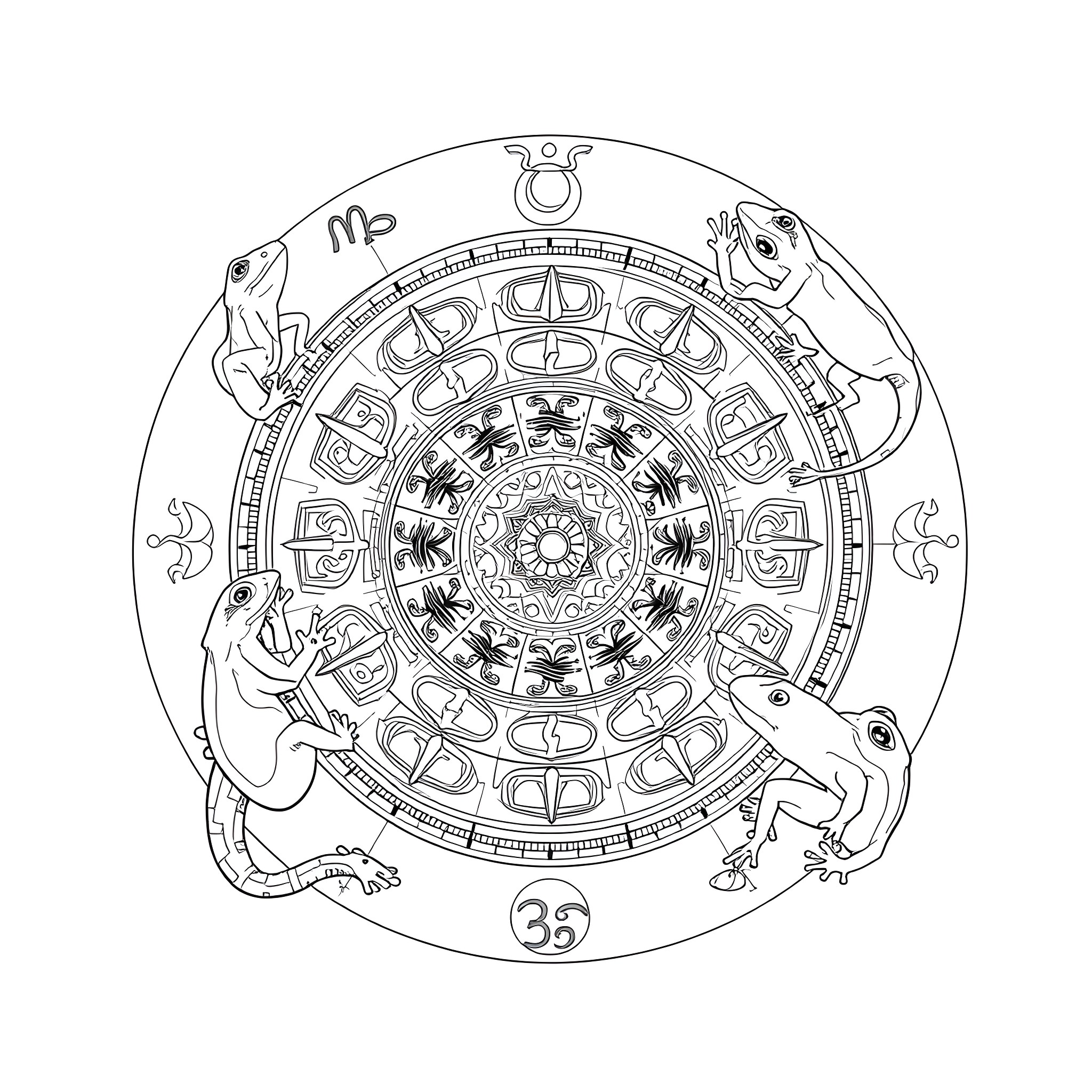 Zodiac themed mandala with symbolic elements Coloring Page (free black-and-white line drawing printable PDF for all, from beginners to advanced learners, including children, teens, adults, and seniors)