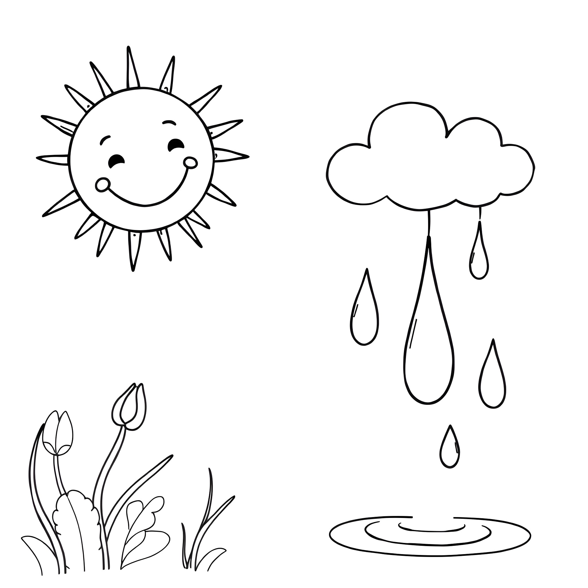 Sun's cheerful expressions with rainy weather and nature elements Coloring Page (free black-and-white line drawing printable PDF for all, from beginners to advanced learners, including children, teens, adults, and seniors)