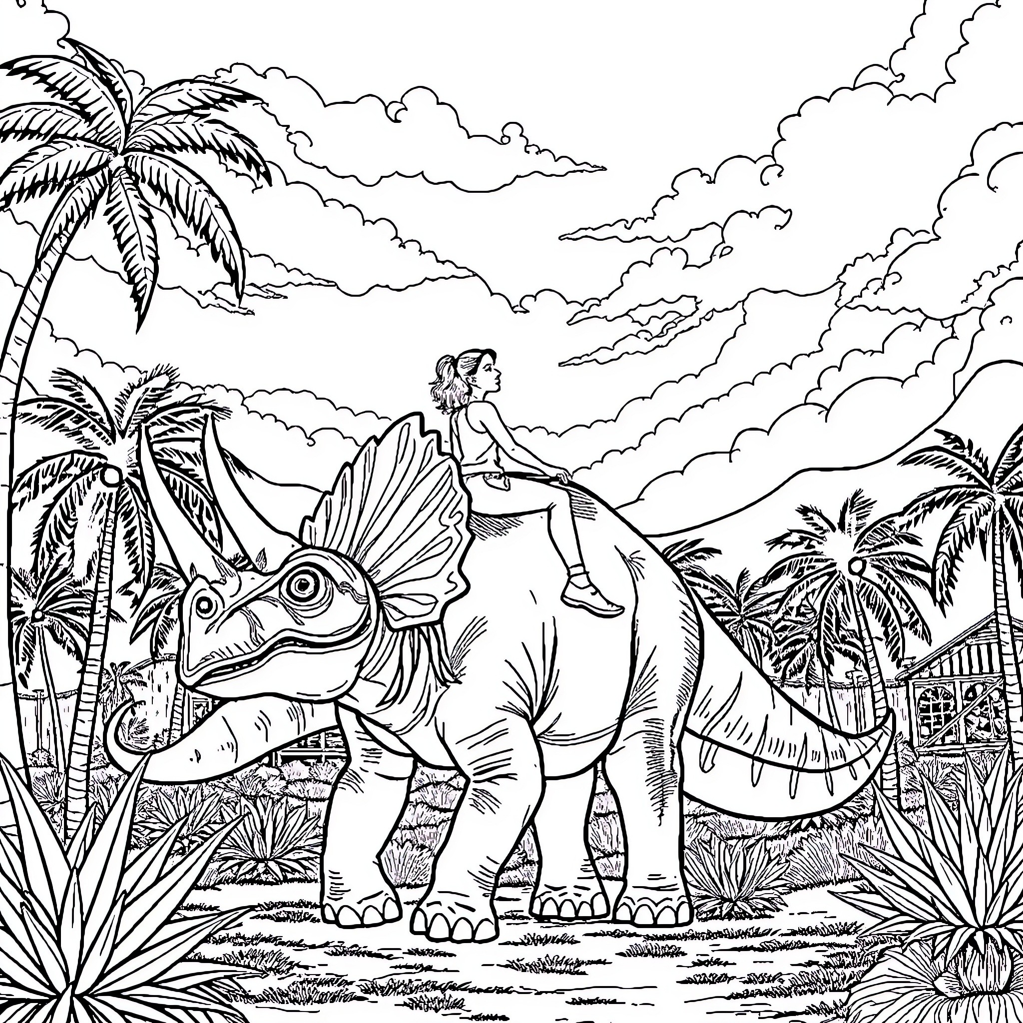 Dinosaur Rider in Tropical Landscape Coloring Page (free black-and-white line drawing printable PDF for all, from beginners to advanced learners, including children, teens, adults, and seniors)