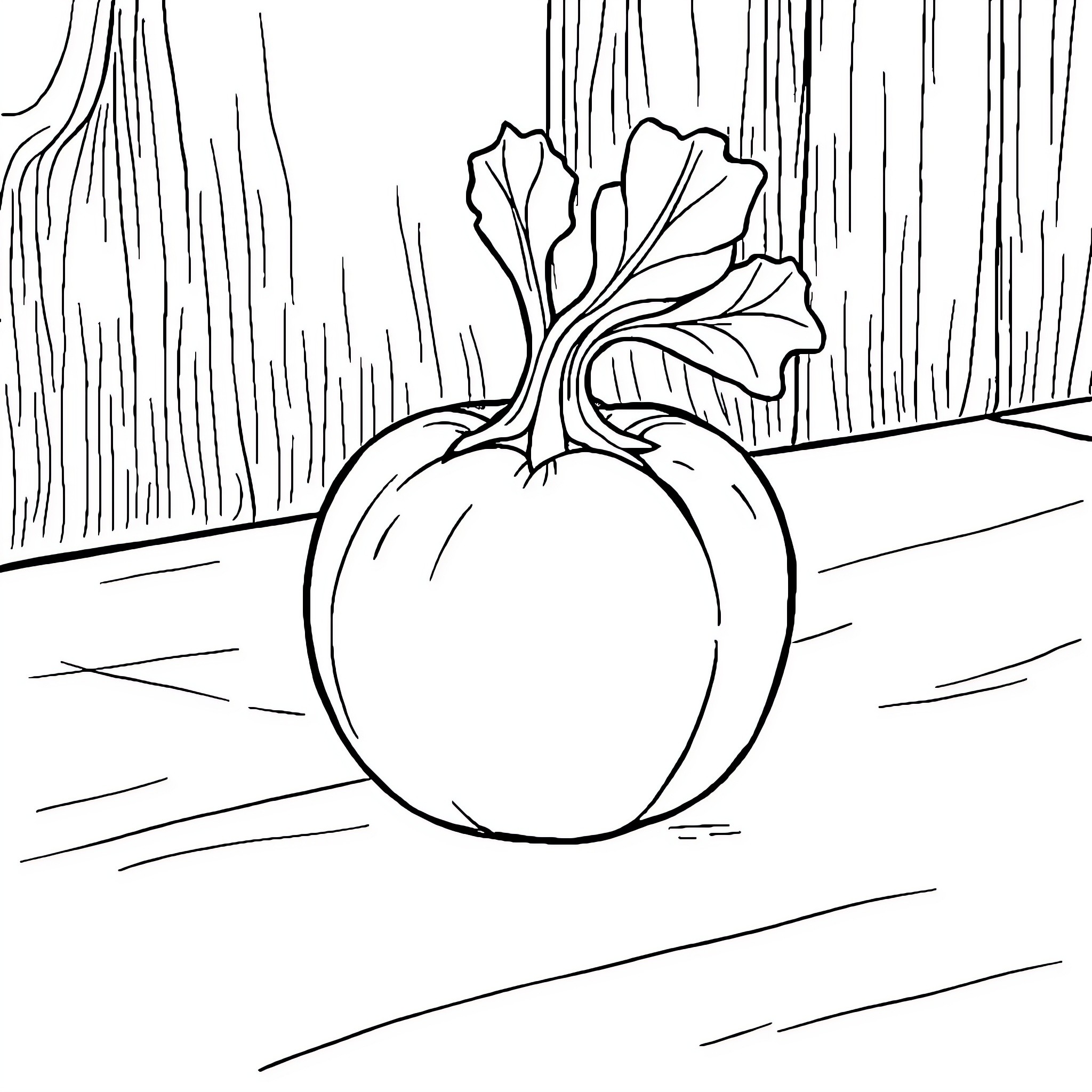 Potato shape with leaf against wooden backdrop Coloring Page (free black-and-white line drawing printable PDF for all, from beginners to advanced learners, including children, teens, adults, and seniors)