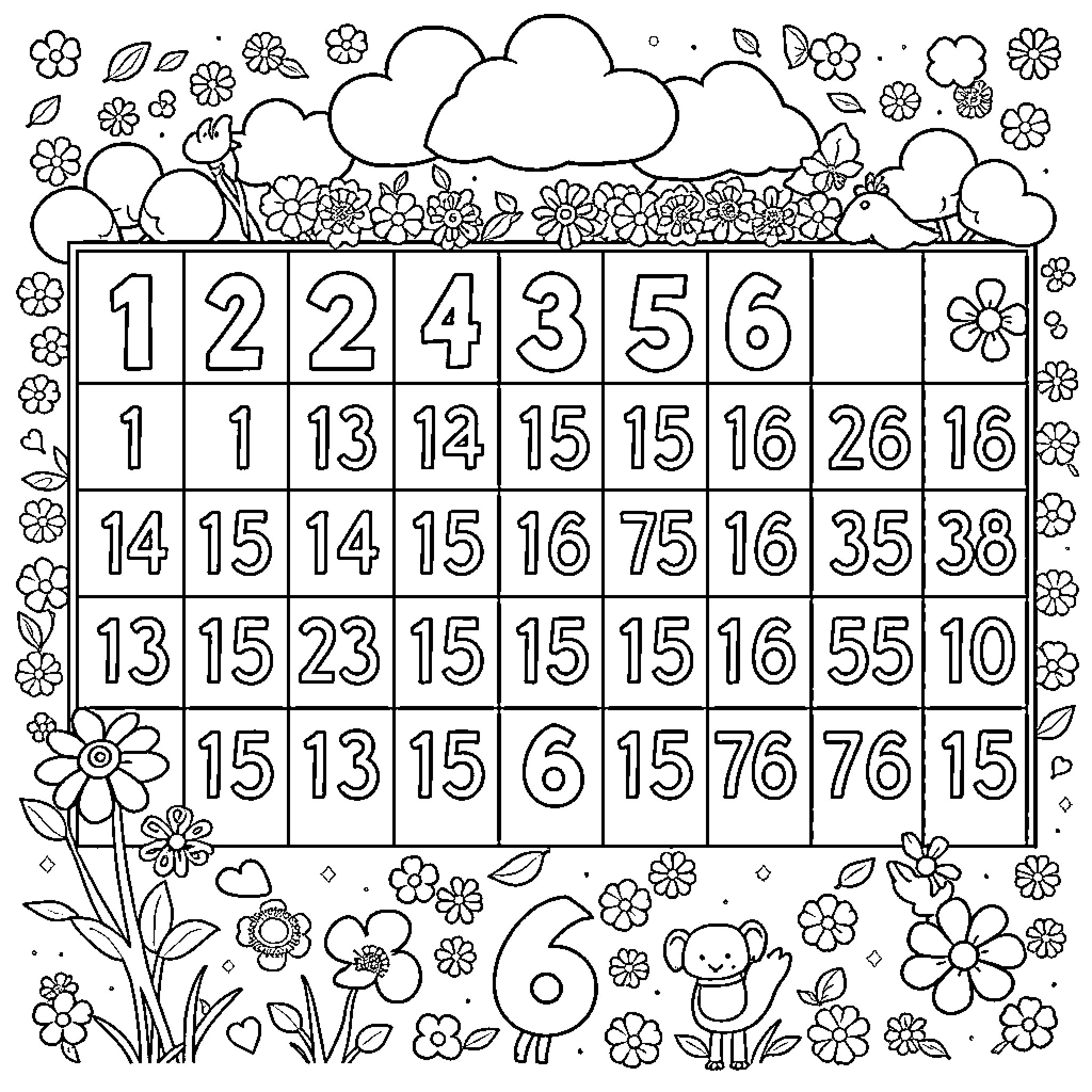 Multiplication Table with Floral and Nature Elements Coloring Page (free black-and-white line drawing printable PDF for all, from beginners to advanced learners, including children, teens, adults, and seniors)