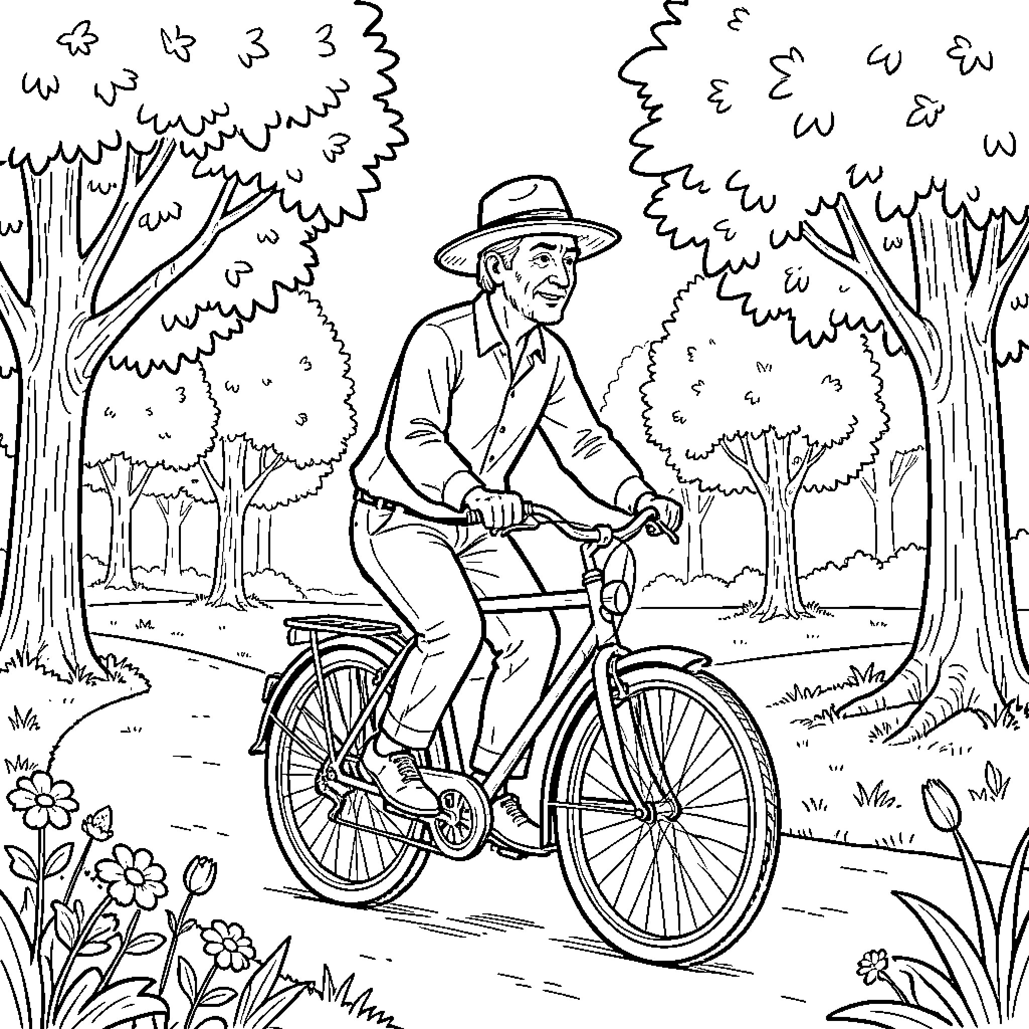 Horacio Quiroga riding a bicycle in a forest Coloring Page (free black-and-white line drawing printable PDF for all, from beginners to advanced learners, including children, teens, adults, and seniors)