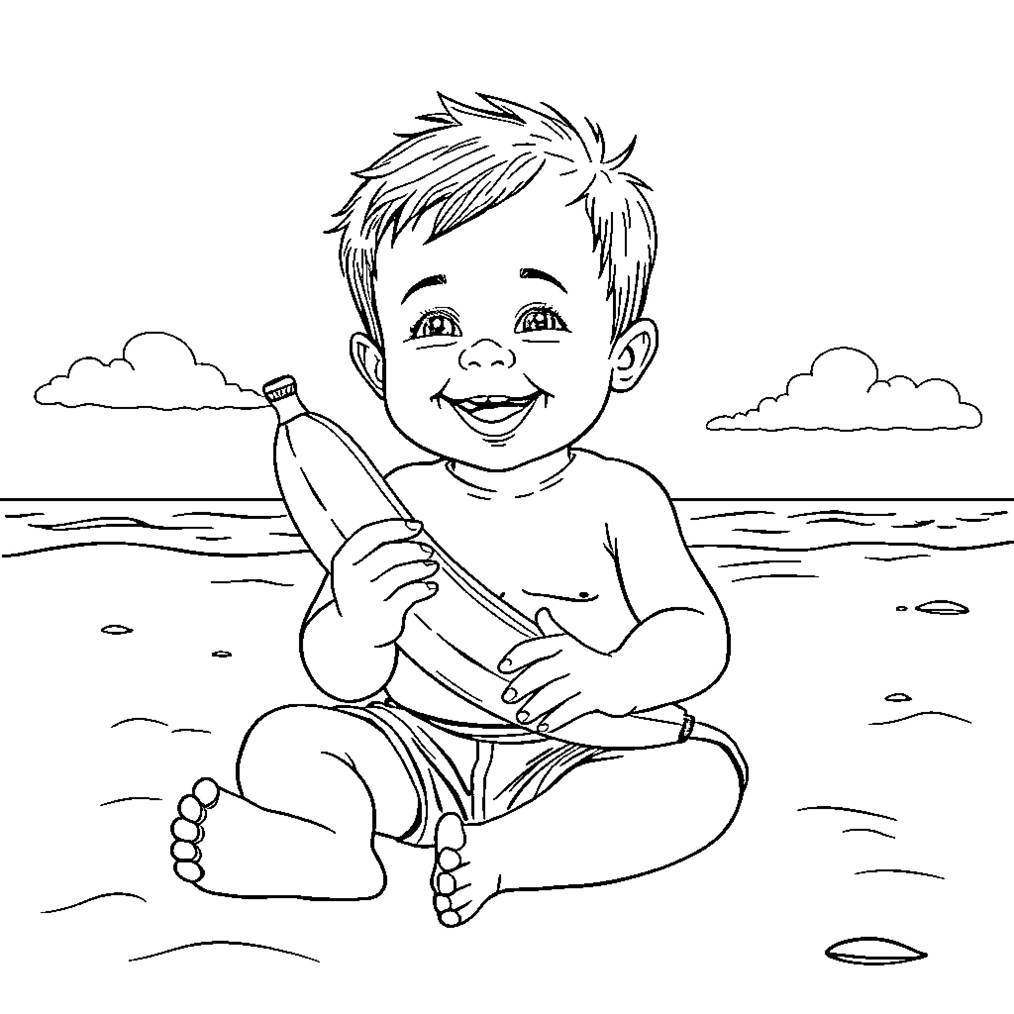 Baby Boy Playing Happily on the Beach Coloring Page (free black-and-white line drawing printable PDF for all, from beginners to advanced learners, including children, teens, adults, and seniors)