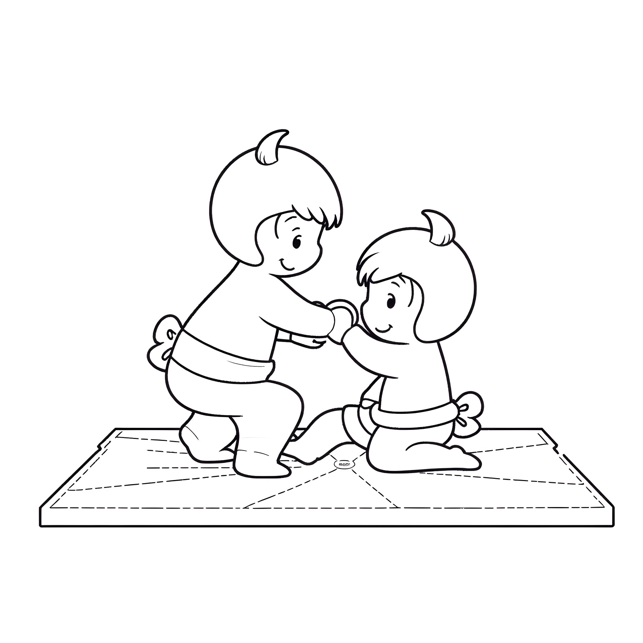 Child Sumo Wrestling Competitors on a Mat Coloring Page (free black-and-white line drawing printable PDF for all, from beginners to advanced learners, including children, teens, adults, and seniors)