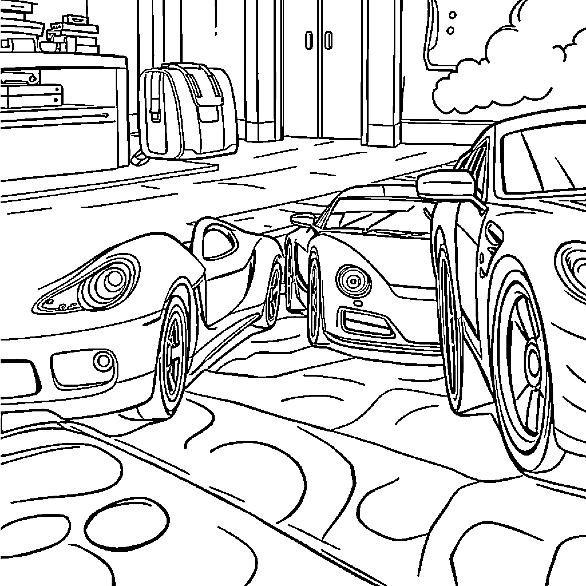 Car speeding through the city streets Coloring Page (free black-and-white line drawing printable PDF for all, from beginners to advanced learners, including children, teens, adults, and seniors)