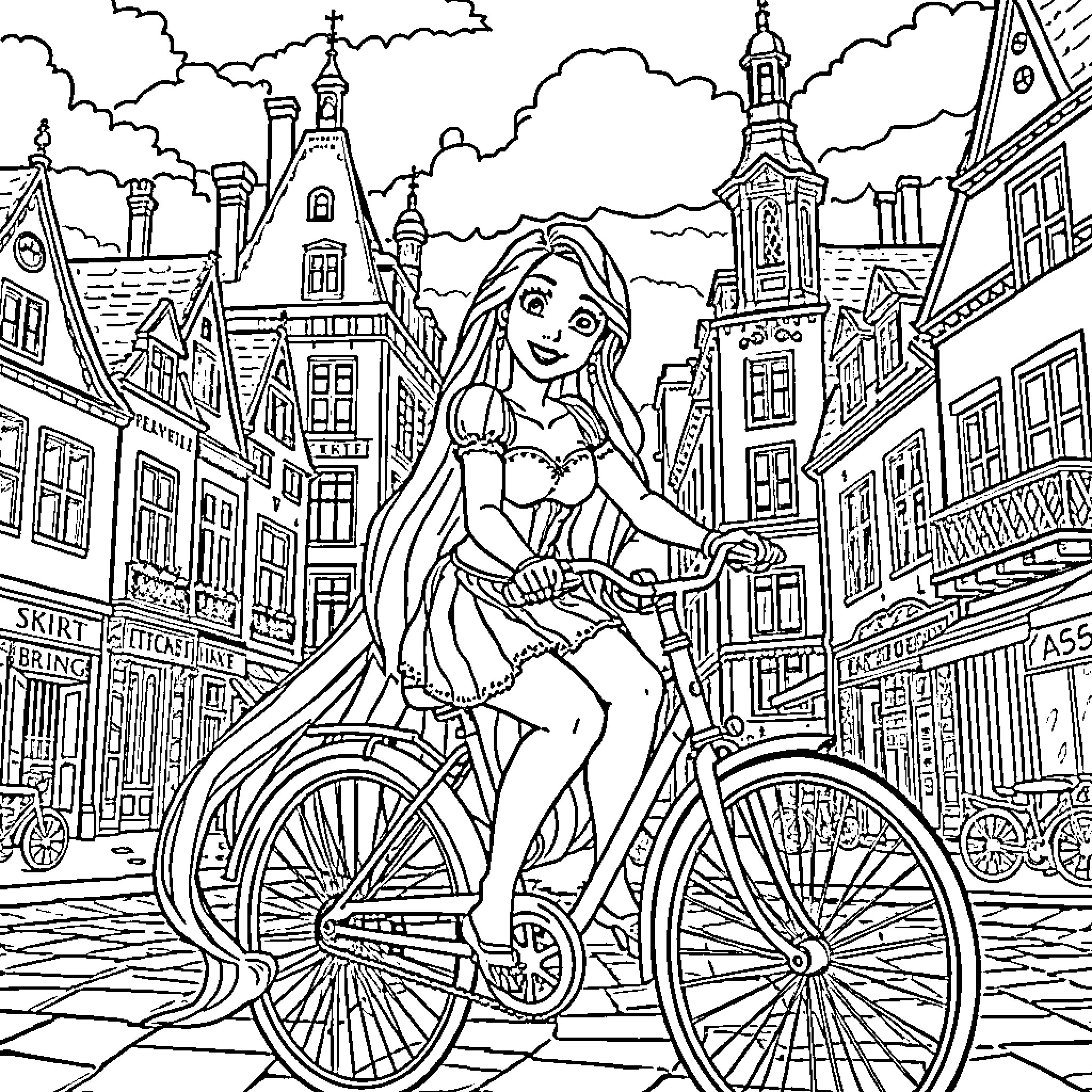 Rapunzel riding a bicycle through the city Coloring Page (free black-and-white line drawing printable PDF for all, from beginners to advanced learners, including children, teens, adults, and seniors)